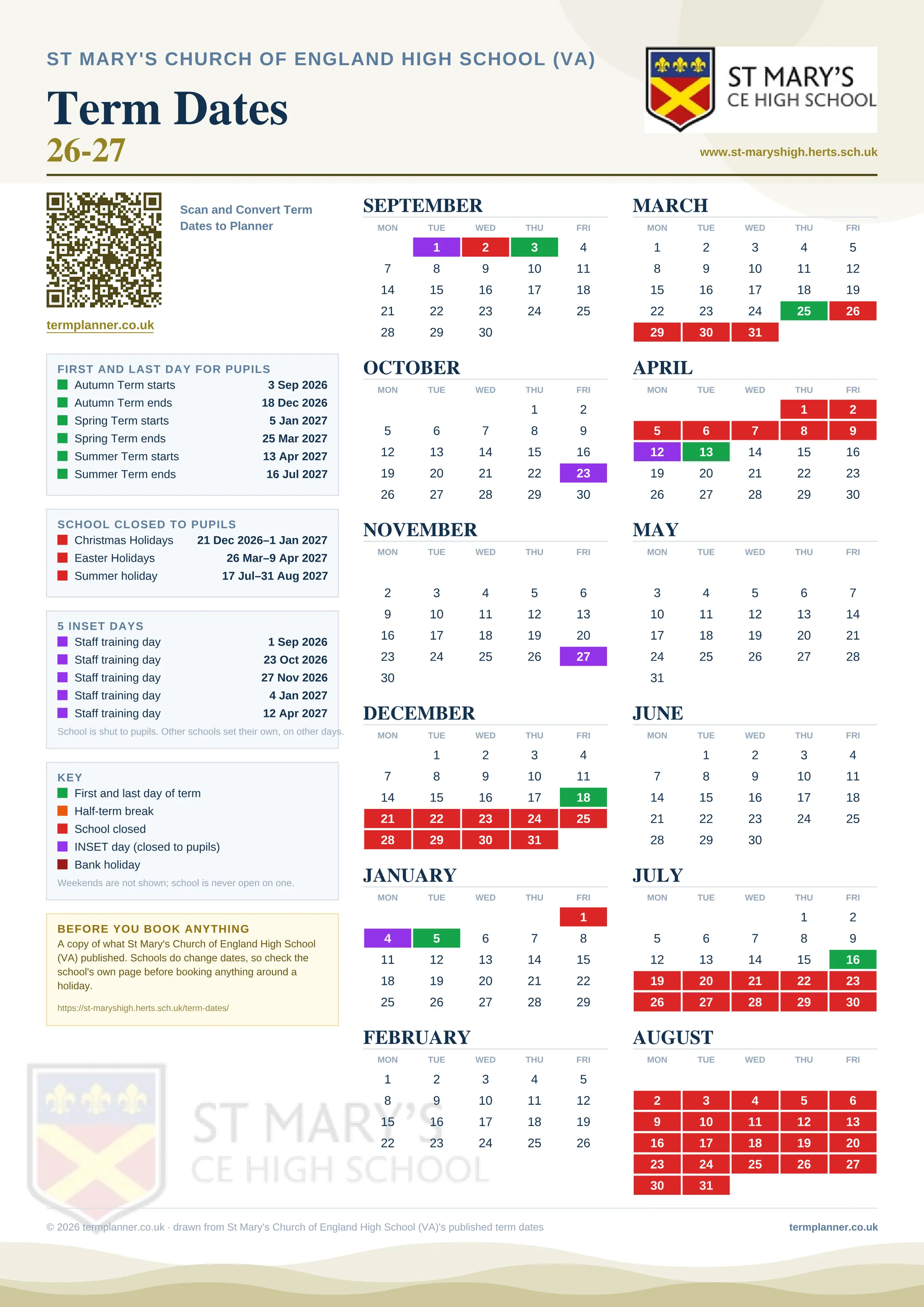 St Mary's Church of England High School (VA)’s 2026/27 school year drawn as one sheet: twelve month grids from September to August, Monday to Friday, with autumn term 3 September to 18 December 2026, spring term 5 January to 25 March 2027, summer term 13 April to 16 July 2027. Half terms, holidays and bank holidays are filled in colour, the first and last day of each term is marked, 5 INSET days are picked out, and every date is listed again in words down the left.