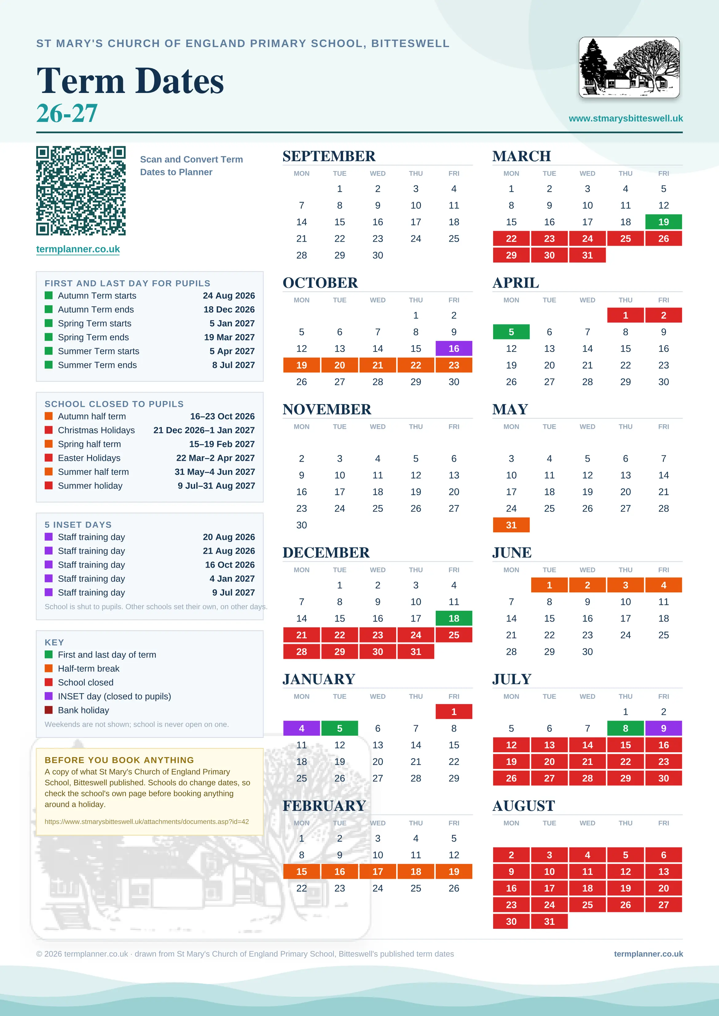 St Mary's Church of England Primary School, Bitteswell’s 2026/27 school year drawn as one sheet: twelve month grids from September to August, Monday to Friday, with autumn term 24 August to 18 December 2026, spring term 5 January to 19 March 2027, summer term 5 April to 8 July 2027. Half terms, holidays and bank holidays are filled in colour, the first and last day of each term is marked, 5 INSET days are picked out, and every date is listed again in words down the left.