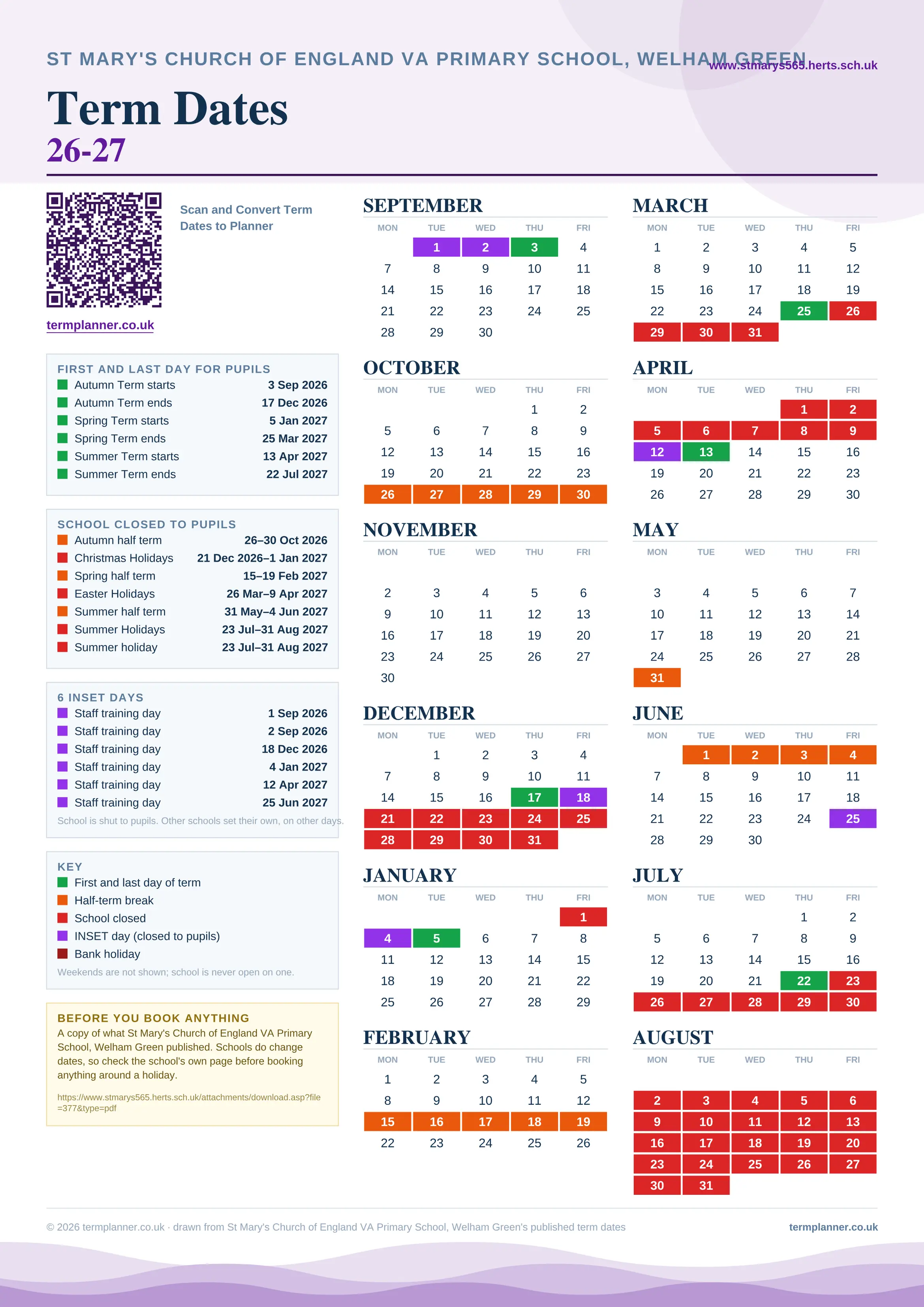 St Mary's Church of England VA Primary School, Welham Green’s 2026/27 school year drawn as one sheet: twelve month grids from September to August, Monday to Friday, with autumn term 3 September to 17 December 2026, spring term 5 January to 25 March 2027, summer term 13 April to 22 July 2027. Half terms, holidays and bank holidays are filled in colour, the first and last day of each term is marked, 6 INSET days are picked out, and every date is listed again in words down the left.