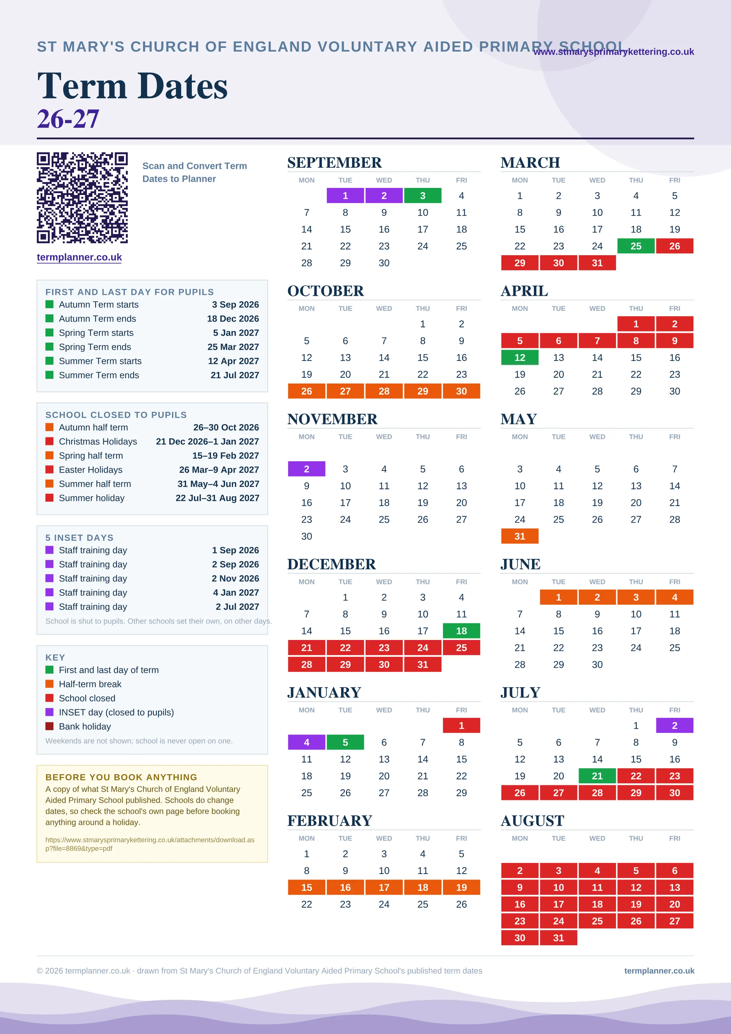 St Mary's Church of England Voluntary Aided Primary School’s 2026/27 school year drawn as one sheet: twelve month grids from September to August, Monday to Friday, with autumn term 3 September to 18 December 2026, spring term 5 January to 25 March 2027, summer term 12 April to 21 July 2027. Half terms, holidays and bank holidays are filled in colour, the first and last day of each term is marked, 5 INSET days are picked out, and every date is listed again in words down the left.