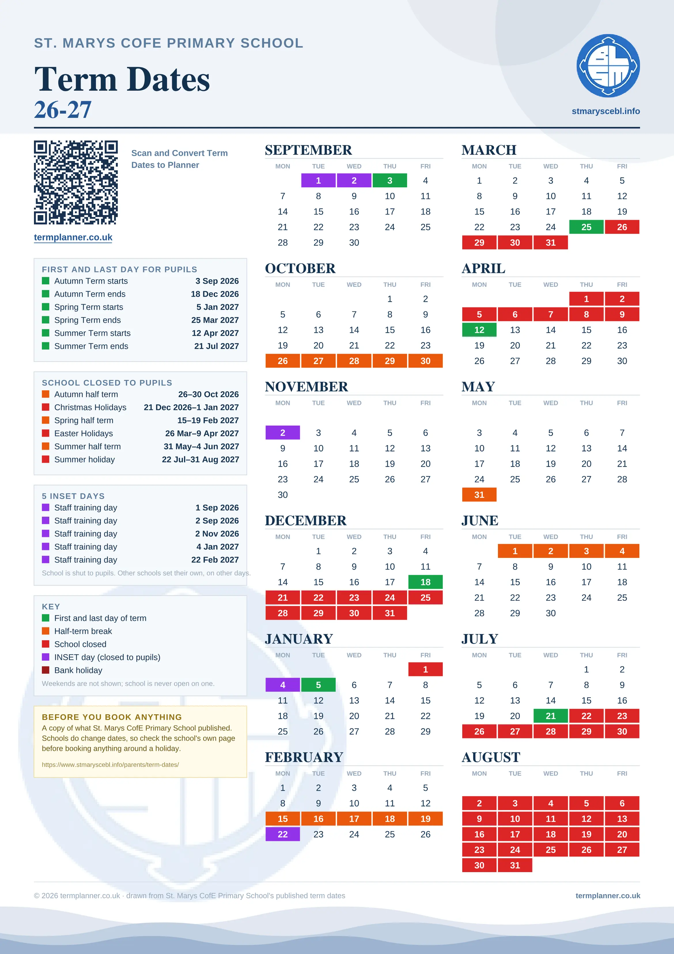 St. Marys CofE Primary School’s 2026/27 school year drawn as one sheet: twelve month grids from September to August, Monday to Friday, with autumn term 3 September to 18 December 2026, spring term 5 January to 25 March 2027, summer term 12 April to 21 July 2027. Half terms, holidays and bank holidays are filled in colour, the first and last day of each term is marked, 5 INSET days are picked out, and every date is listed again in words down the left.
