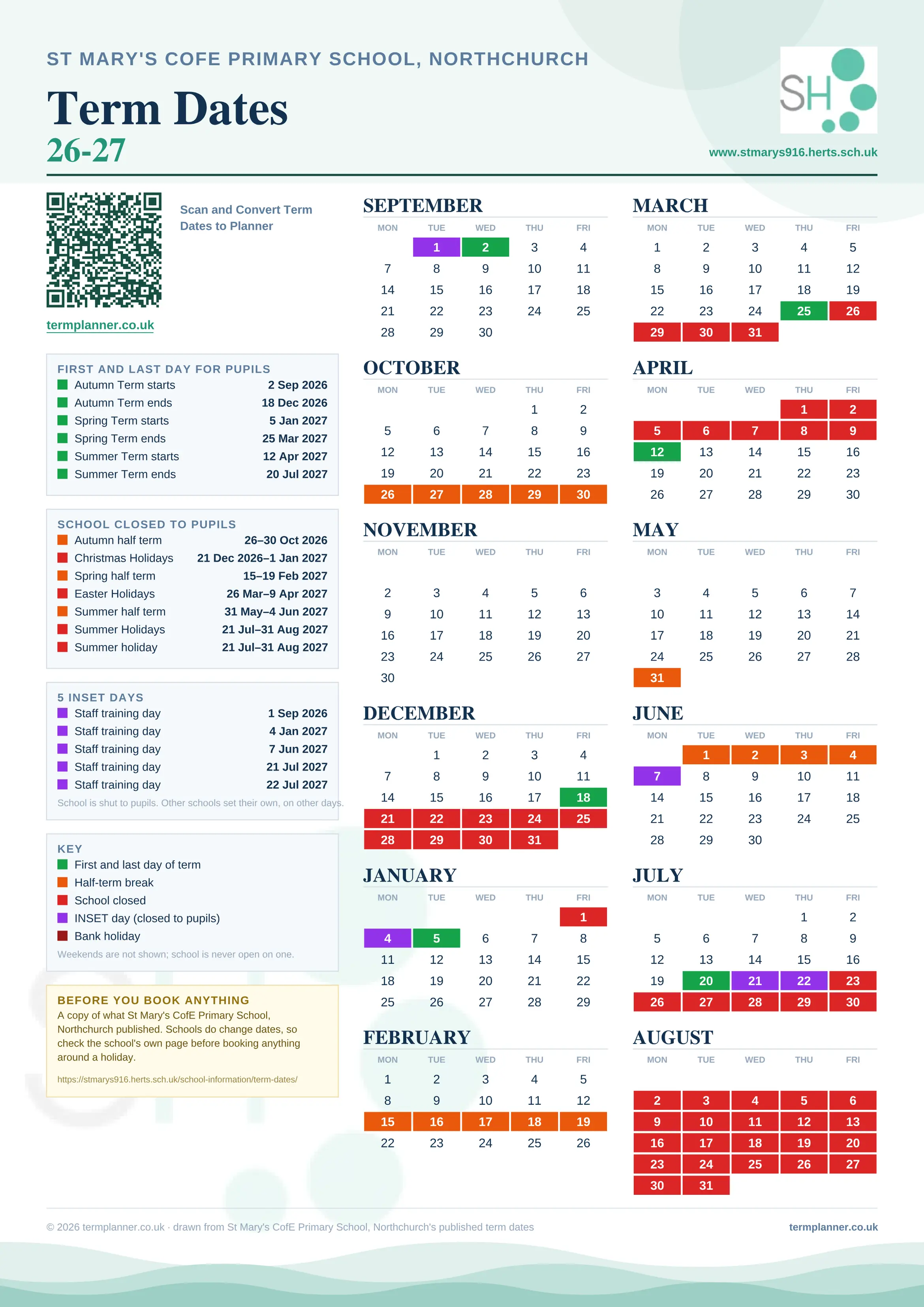 St Mary's CofE Primary School, Northchurch’s 2026/27 school year drawn as one sheet: twelve month grids from September to August, Monday to Friday, with autumn term 2 September to 18 December 2026, spring term 5 January to 25 March 2027, summer term 12 April to 20 July 2027. Half terms, holidays and bank holidays are filled in colour, the first and last day of each term is marked, 5 INSET days are picked out, and every date is listed again in words down the left.