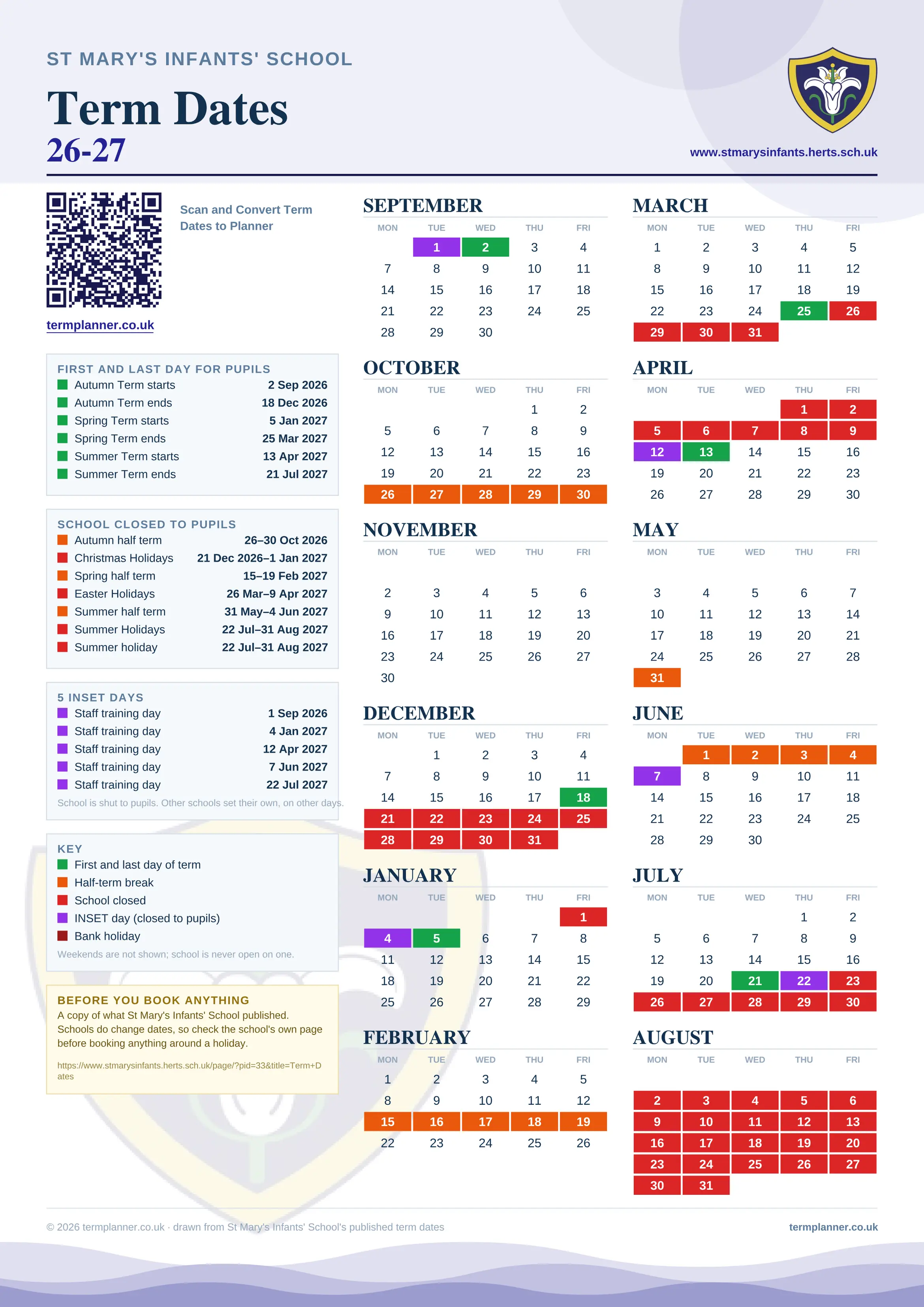 St Mary's Infants' School’s 2026/27 school year drawn as one sheet: twelve month grids from September to August, Monday to Friday, with autumn term 2 September to 18 December 2026, spring term 5 January to 25 March 2027, summer term 13 April to 21 July 2027. Half terms, holidays and bank holidays are filled in colour, the first and last day of each term is marked, 5 INSET days are picked out, and every date is listed again in words down the left.
