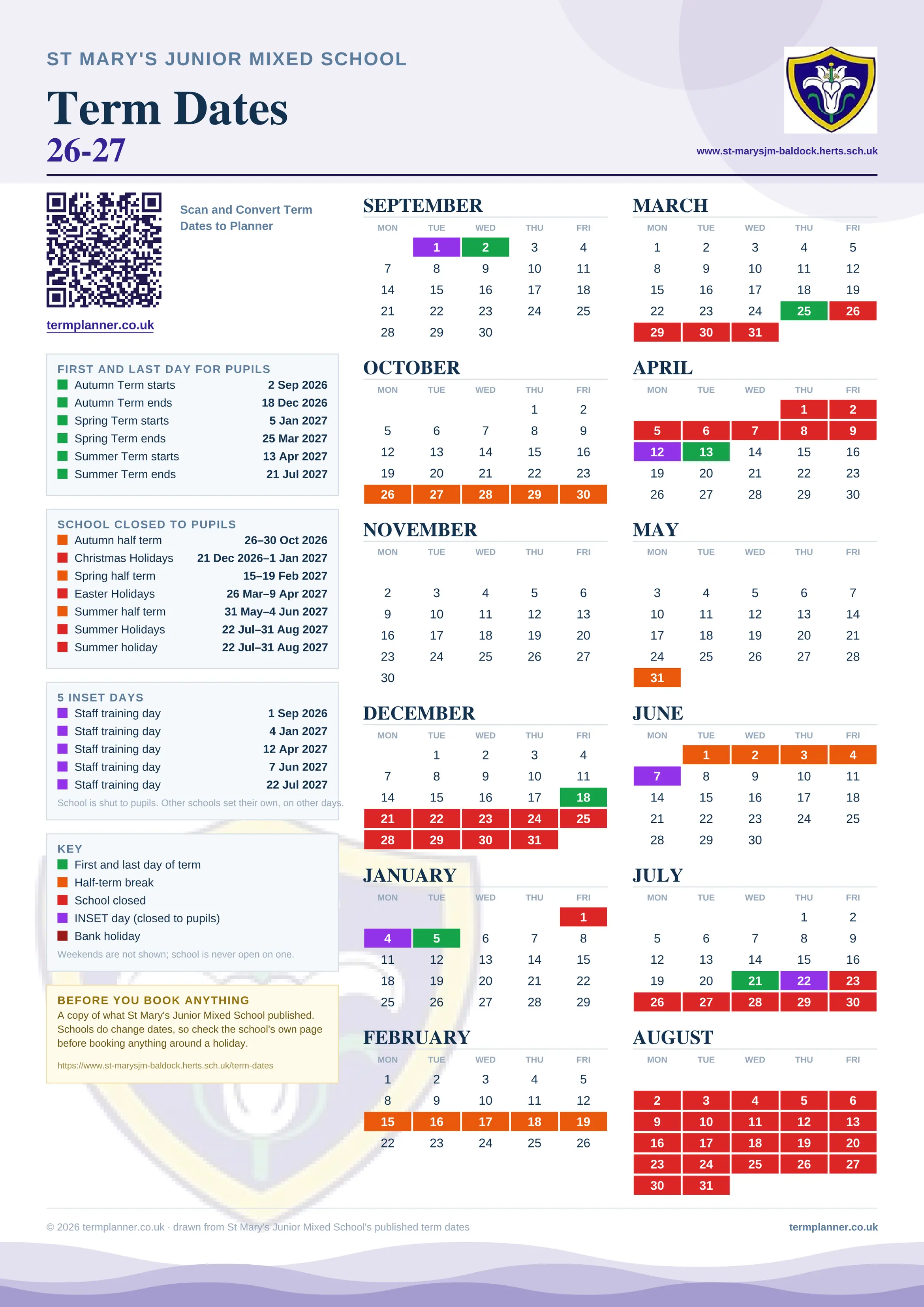 St Mary's Junior Mixed School’s 2026/27 school year drawn as one sheet: twelve month grids from September to August, Monday to Friday, with autumn term 2 September to 18 December 2026, spring term 5 January to 25 March 2027, summer term 13 April to 21 July 2027. Half terms, holidays and bank holidays are filled in colour, the first and last day of each term is marked, 5 INSET days are picked out, and every date is listed again in words down the left.
