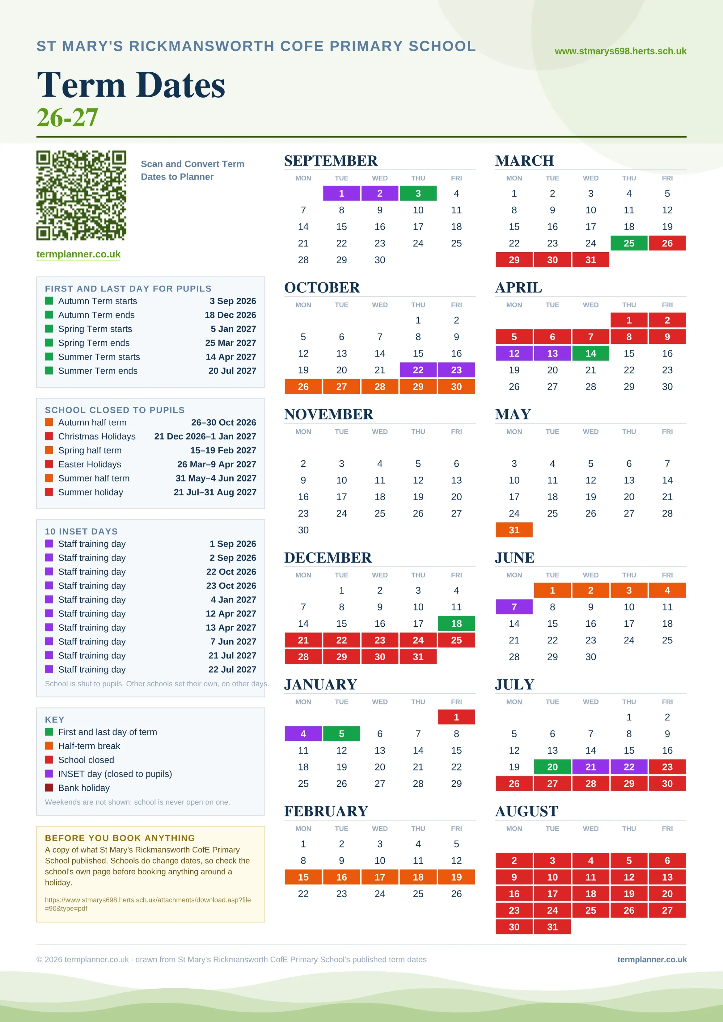 St Mary's Rickmansworth CofE Primary School’s 2026/27 school year drawn as one sheet: twelve month grids from September to August, Monday to Friday, with autumn term 3 September to 18 December 2026, spring term 5 January to 25 March 2027, summer term 14 April to 20 July 2027. Half terms, holidays and bank holidays are filled in colour, the first and last day of each term is marked, 10 INSET days are picked out, and every date is listed again in words down the left.