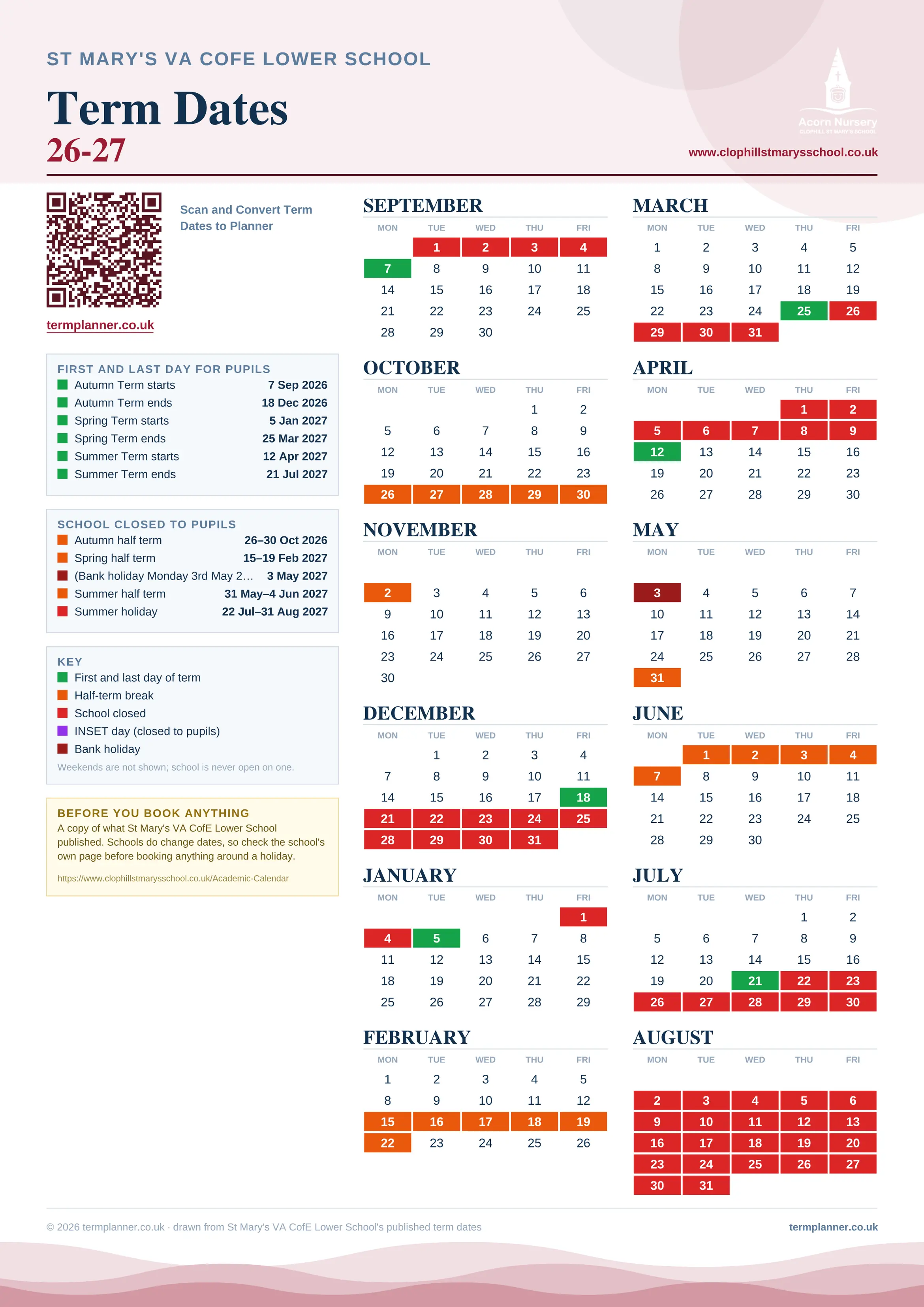 St Mary's VA CofE Lower School’s 2026/27 school year drawn as one sheet: twelve month grids from September to August, Monday to Friday, with autumn term 7 September to 18 December 2026, spring term 5 January to 25 March 2027, summer term 12 April to 21 July 2027. Half terms, holidays and bank holidays are filled in colour, the first and last day of each term is marked, and every date is listed again in words down the left.