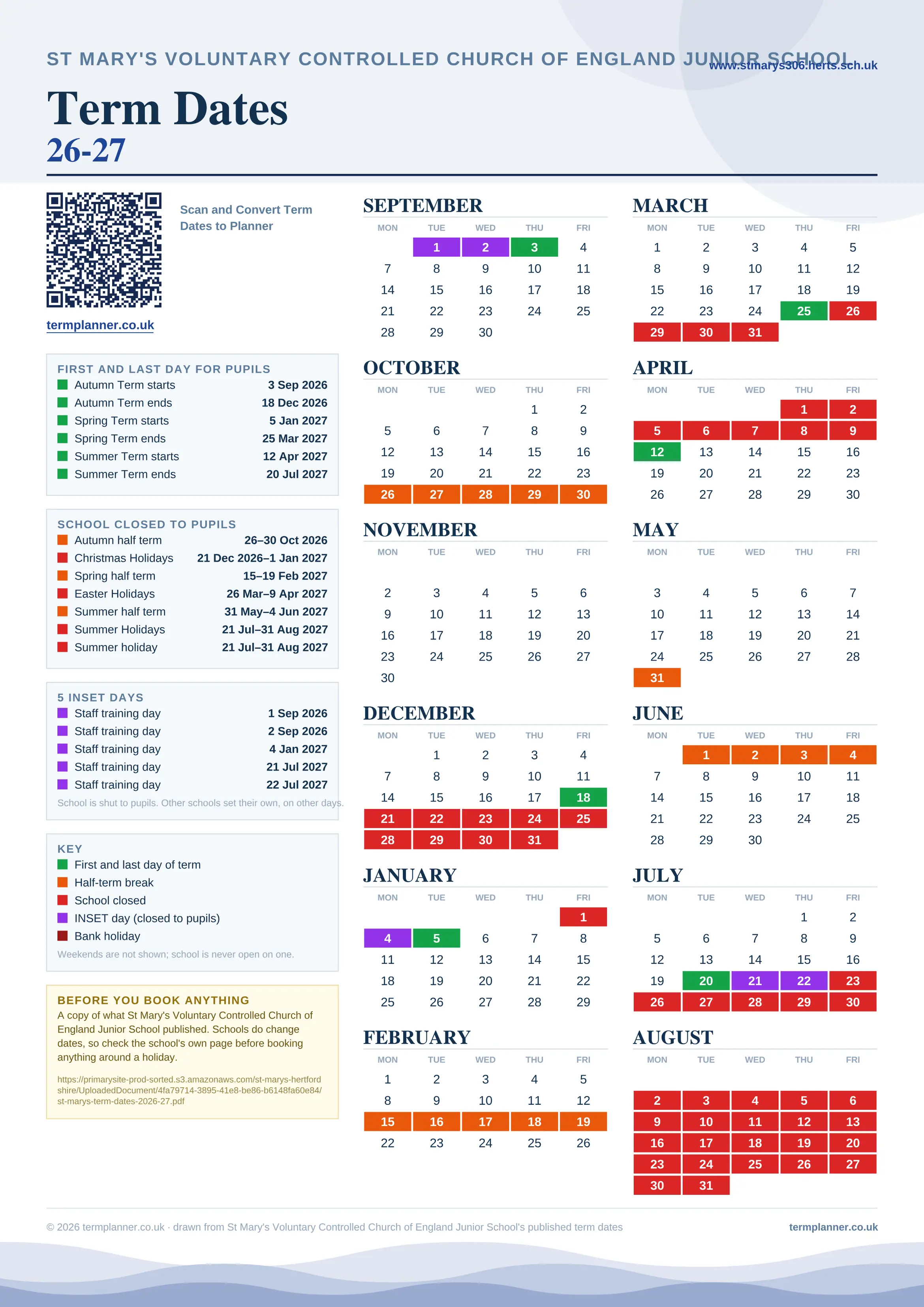 St Mary's Voluntary Controlled Church of England Junior School’s 2026/27 school year drawn as one sheet: twelve month grids from September to August, Monday to Friday, with autumn term 3 September to 18 December 2026, spring term 5 January to 25 March 2027, summer term 12 April to 20 July 2027. Half terms, holidays and bank holidays are filled in colour, the first and last day of each term is marked, 5 INSET days are picked out, and every date is listed again in words down the left.