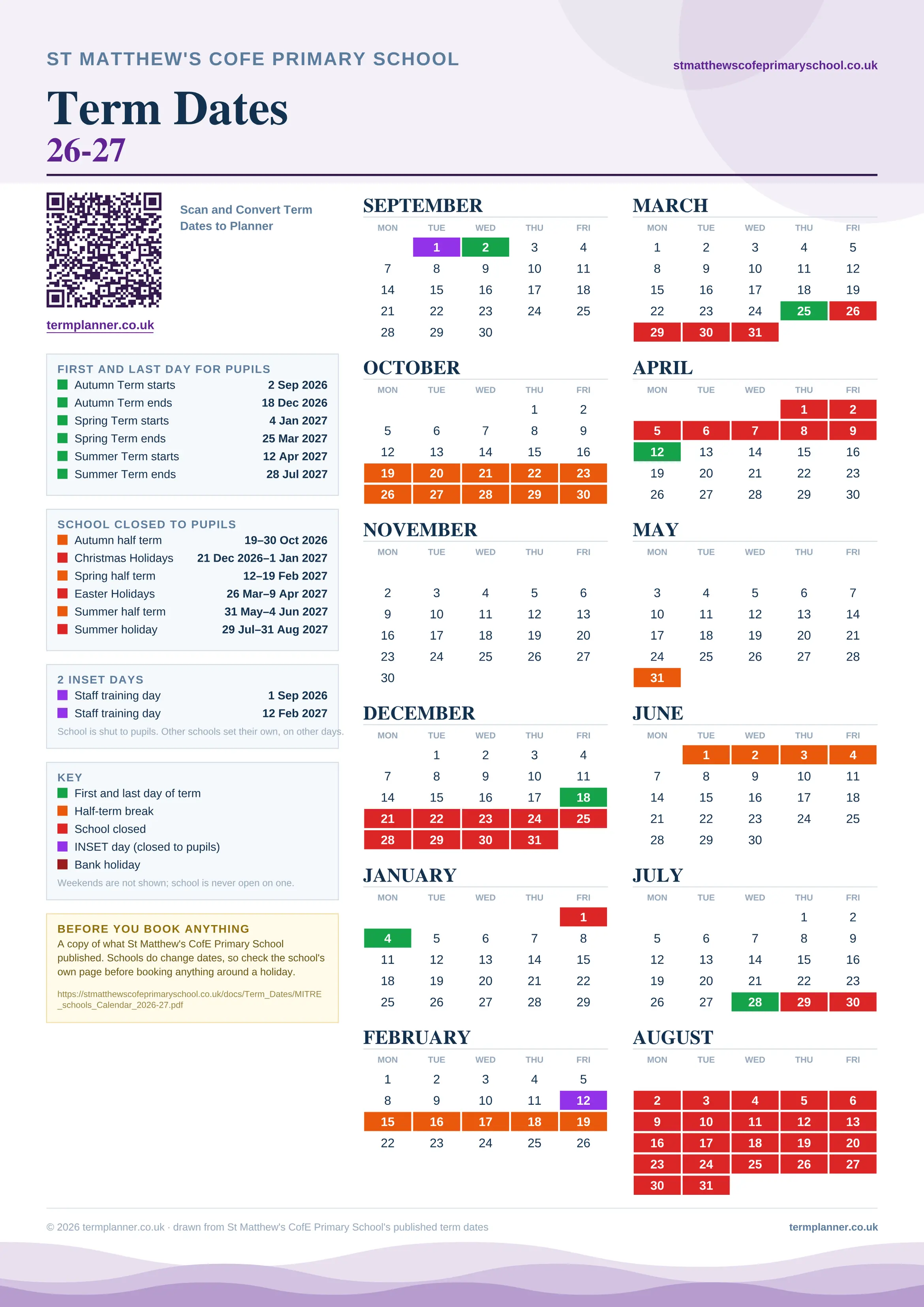 St Matthew's CofE Primary School’s 2026/27 school year drawn as one sheet: twelve month grids from September to August, Monday to Friday, with autumn term 2 September to 18 December 2026, spring term 4 January to 25 March 2027, summer term 12 April to 28 July 2027. Half terms, holidays and bank holidays are filled in colour, the first and last day of each term is marked, 2 INSET days are picked out, and every date is listed again in words down the left.
