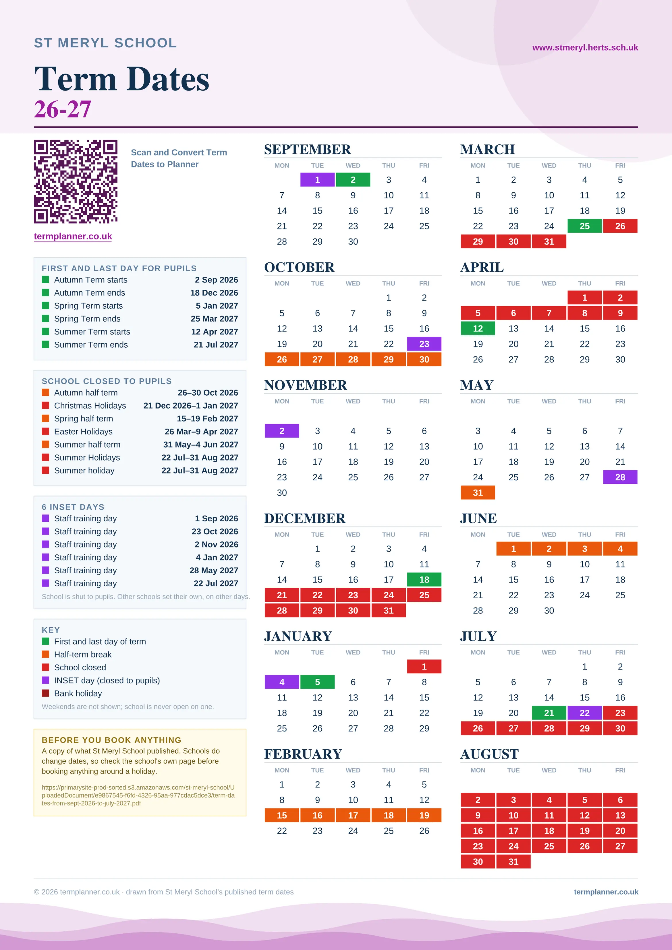 St Meryl School’s 2026/27 school year drawn as one sheet: twelve month grids from September to August, Monday to Friday, with autumn term 2 September to 18 December 2026, spring term 5 January to 25 March 2027, summer term 12 April to 21 July 2027. Half terms, holidays and bank holidays are filled in colour, the first and last day of each term is marked, 6 INSET days are picked out, and every date is listed again in words down the left.