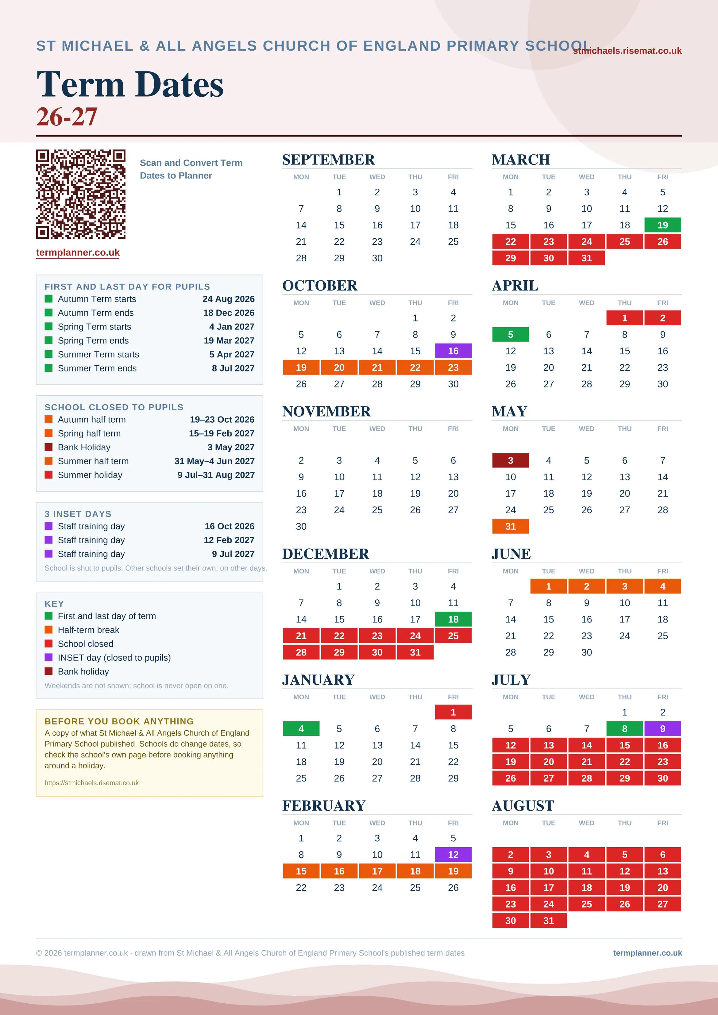 St Michael & All Angels Church of England Primary School’s 2026/27 school year drawn as one sheet: twelve month grids from September to August, Monday to Friday, with autumn term 24 August to 18 December 2026, spring term 4 January to 19 March 2027, summer term 5 April to 8 July 2027. Half terms, holidays and bank holidays are filled in colour, the first and last day of each term is marked, 3 INSET days are picked out, and every date is listed again in words down the left.