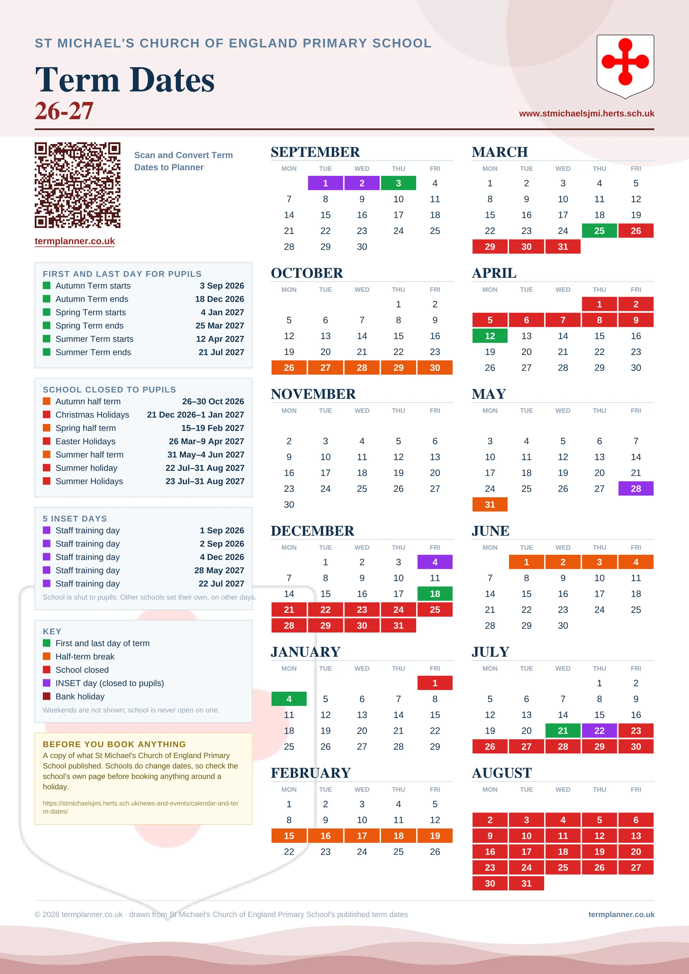 St Michael's Church of England Primary School’s 2026/27 school year drawn as one sheet: twelve month grids from September to August, Monday to Friday, with autumn term 3 September to 18 December 2026, spring term 4 January to 25 March 2027, summer term 12 April to 21 July 2027. Half terms, holidays and bank holidays are filled in colour, the first and last day of each term is marked, 5 INSET days are picked out, and every date is listed again in words down the left.