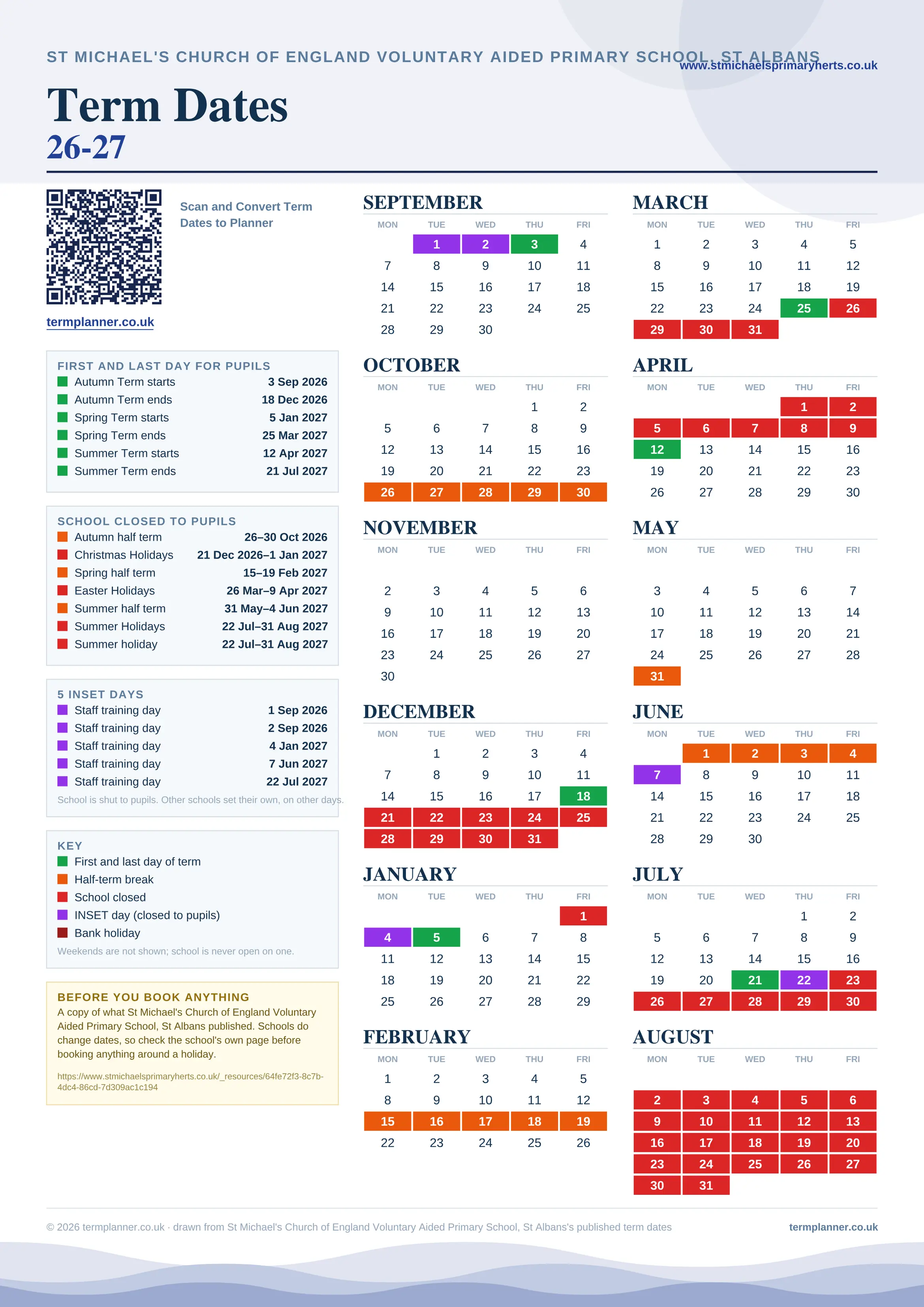 St Michael's Church of England Voluntary Aided Primary School, St Albans’s 2026/27 school year drawn as one sheet: twelve month grids from September to August, Monday to Friday, with autumn term 3 September to 18 December 2026, spring term 5 January to 25 March 2027, summer term 12 April to 21 July 2027. Half terms, holidays and bank holidays are filled in colour, the first and last day of each term is marked, 5 INSET days are picked out, and every date is listed again in words down the left.