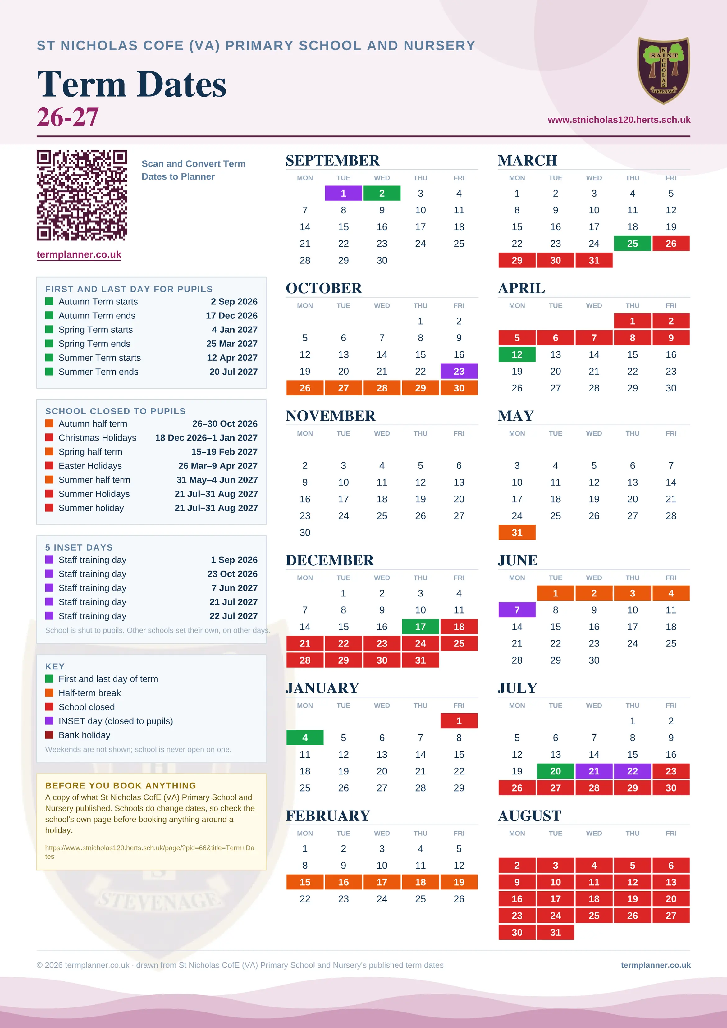 St Nicholas CofE (VA) Primary School and Nursery’s 2026/27 school year drawn as one sheet: twelve month grids from September to August, Monday to Friday, with autumn term 2 September to 17 December 2026, spring term 4 January to 25 March 2027, summer term 12 April to 20 July 2027. Half terms, holidays and bank holidays are filled in colour, the first and last day of each term is marked, 5 INSET days are picked out, and every date is listed again in words down the left.