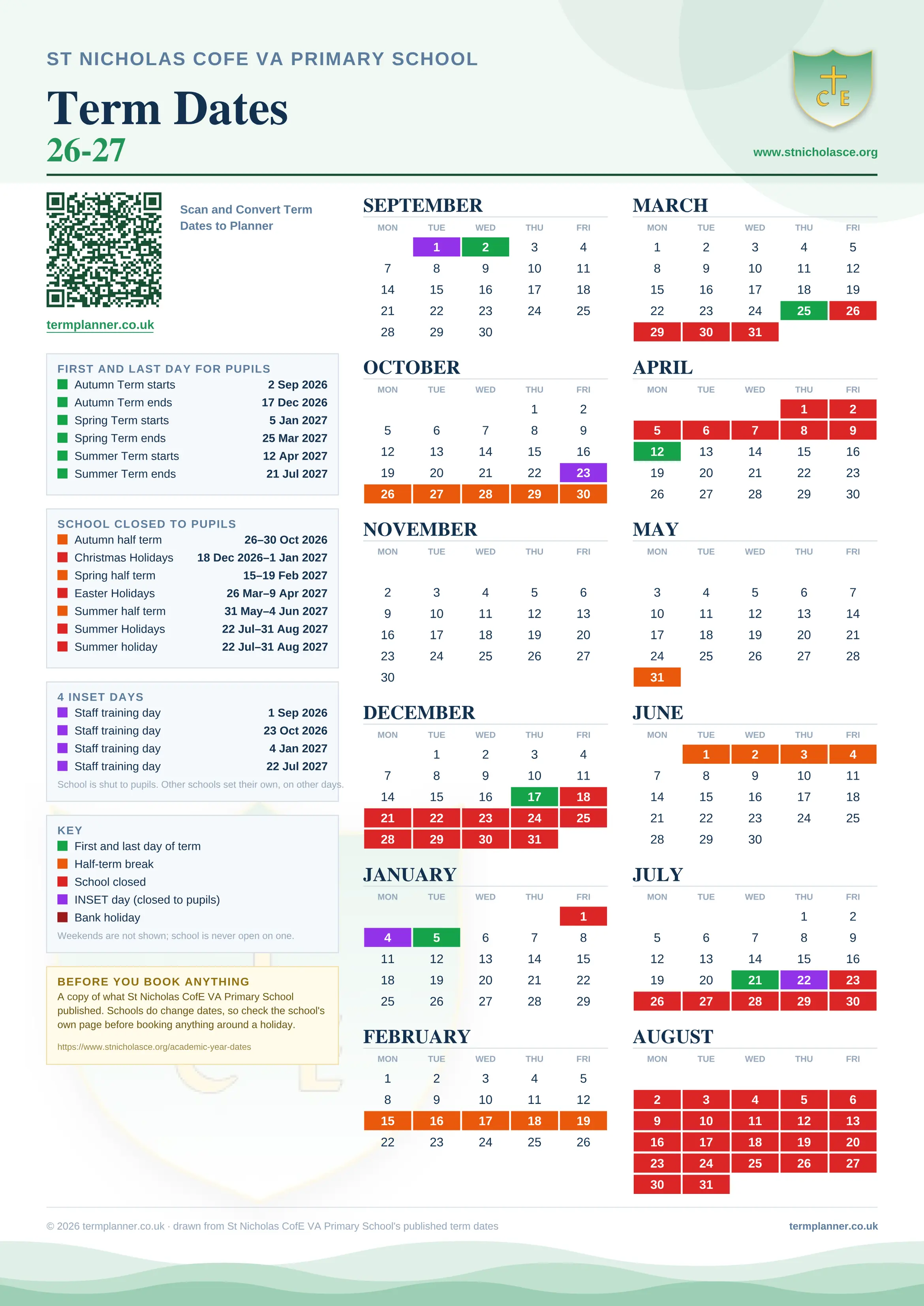 St Nicholas CofE VA Primary School’s 2026/27 school year drawn as one sheet: twelve month grids from September to August, Monday to Friday, with autumn term 2 September to 17 December 2026, spring term 5 January to 25 March 2027, summer term 12 April to 21 July 2027. Half terms, holidays and bank holidays are filled in colour, the first and last day of each term is marked, 4 INSET days are picked out, and every date is listed again in words down the left.