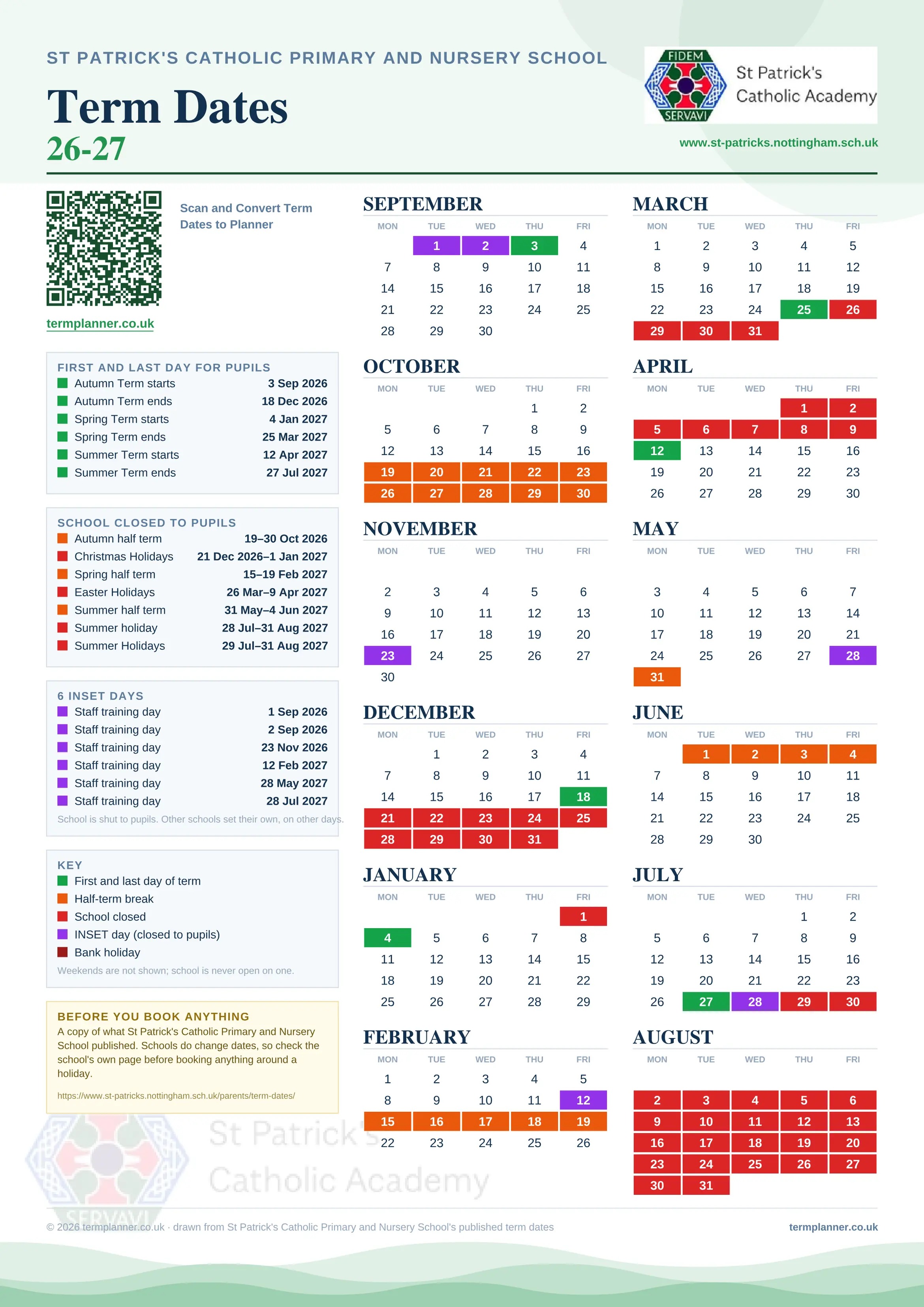 St Patrick's Catholic Primary and Nursery School’s 2026/27 school year drawn as one sheet: twelve month grids from September to August, Monday to Friday, with autumn term 3 September to 18 December 2026, spring term 4 January to 25 March 2027, summer term 12 April to 27 July 2027. Half terms, holidays and bank holidays are filled in colour, the first and last day of each term is marked, 6 INSET days are picked out, and every date is listed again in words down the left.