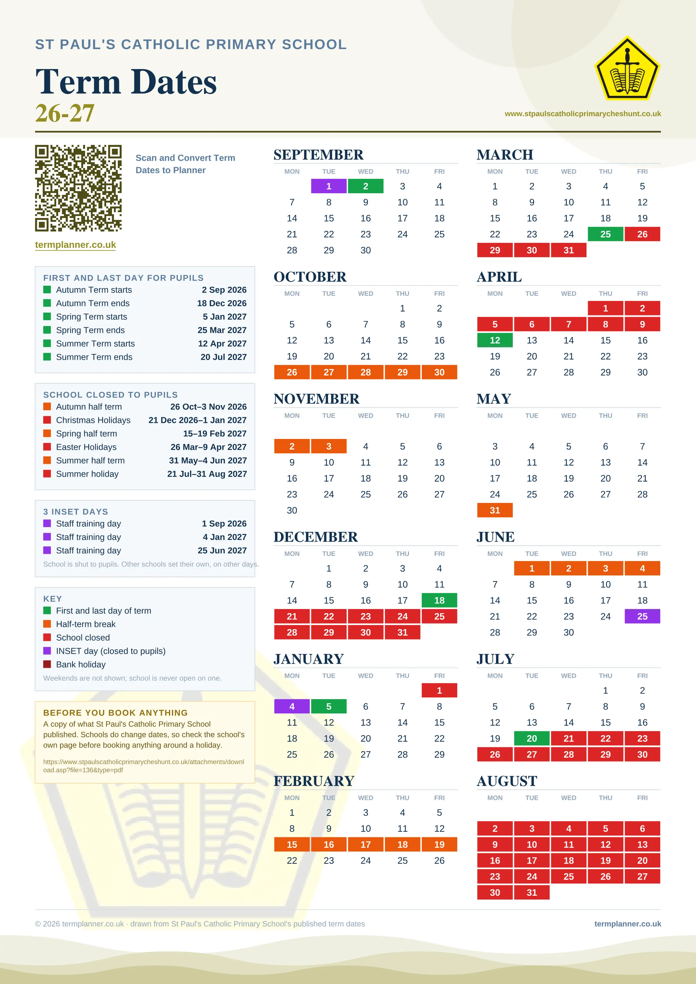 St Paul's Catholic Primary School’s 2026/27 school year drawn as one sheet: twelve month grids from September to August, Monday to Friday, with autumn term 2 September to 18 December 2026, spring term 5 January to 25 March 2027, summer term 12 April to 20 July 2027. Half terms, holidays and bank holidays are filled in colour, the first and last day of each term is marked, 3 INSET days are picked out, and every date is listed again in words down the left.