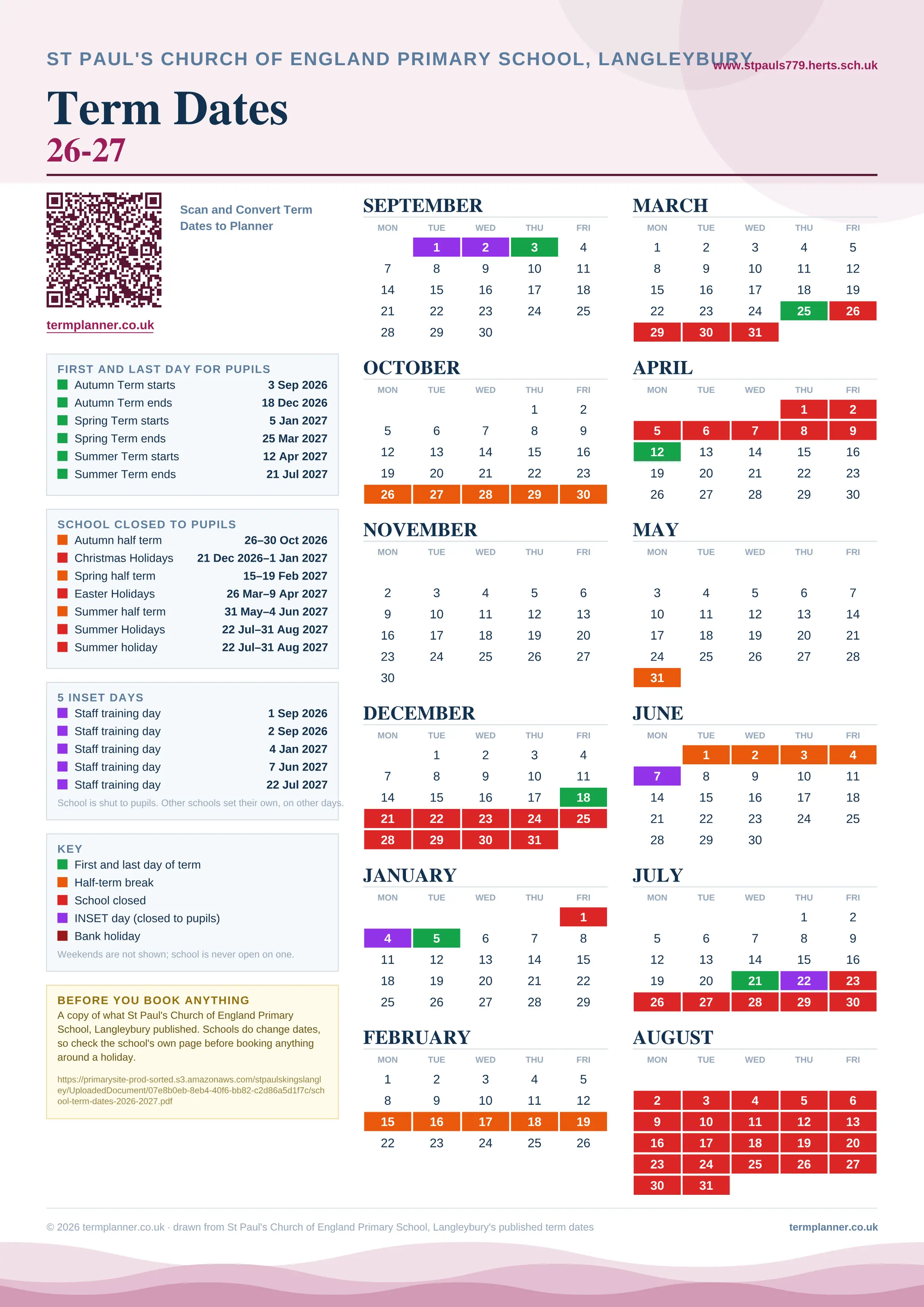 St Paul's Church of England Primary School, Langleybury’s 2026/27 school year drawn as one sheet: twelve month grids from September to August, Monday to Friday, with autumn term 3 September to 18 December 2026, spring term 5 January to 25 March 2027, summer term 12 April to 21 July 2027. Half terms, holidays and bank holidays are filled in colour, the first and last day of each term is marked, 5 INSET days are picked out, and every date is listed again in words down the left.