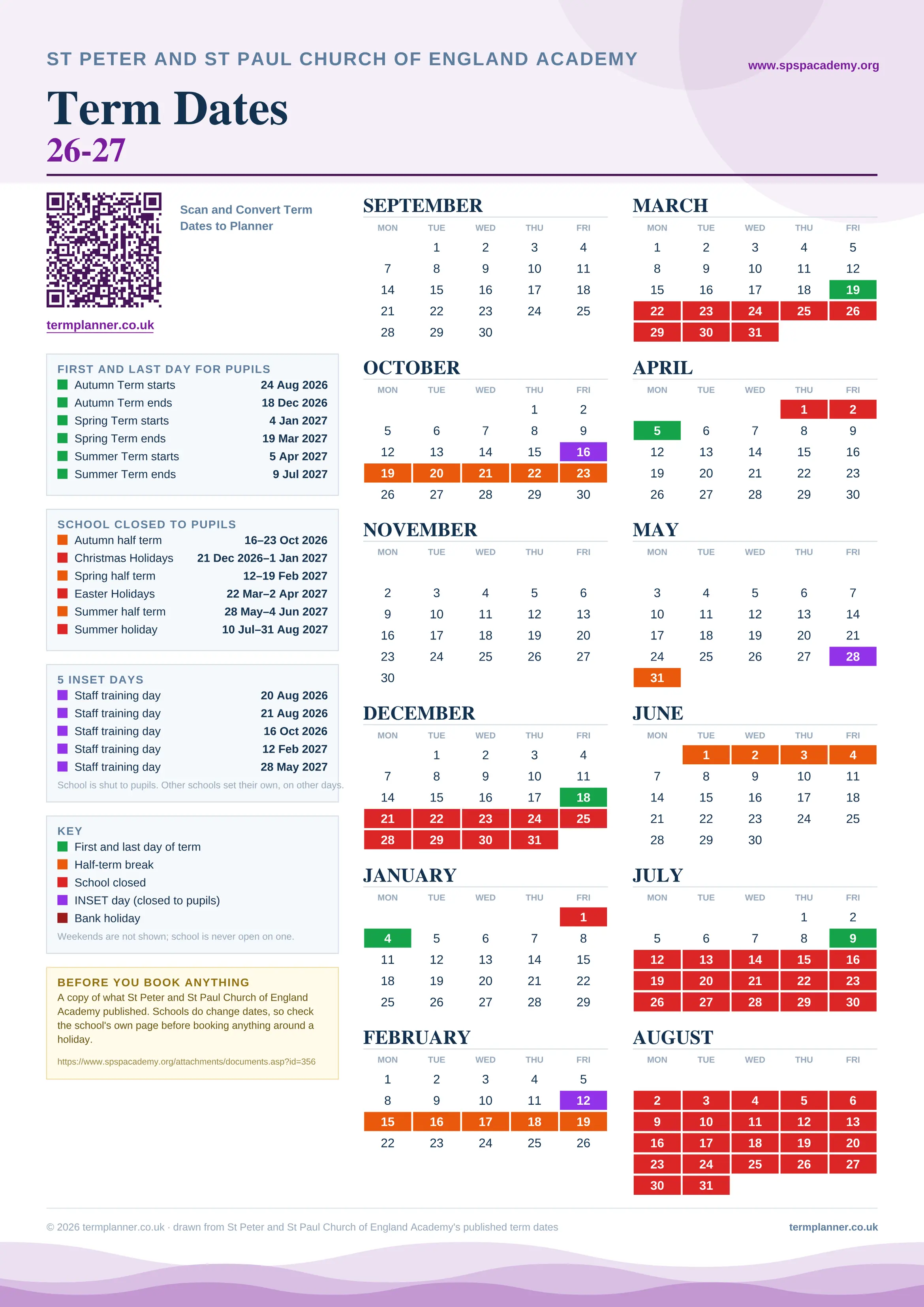 St Peter and St Paul Church of England Academy’s 2026/27 school year drawn as one sheet: twelve month grids from September to August, Monday to Friday, with autumn term 24 August to 18 December 2026, spring term 4 January to 19 March 2027, summer term 5 April to 9 July 2027. Half terms, holidays and bank holidays are filled in colour, the first and last day of each term is marked, 5 INSET days are picked out, and every date is listed again in words down the left.