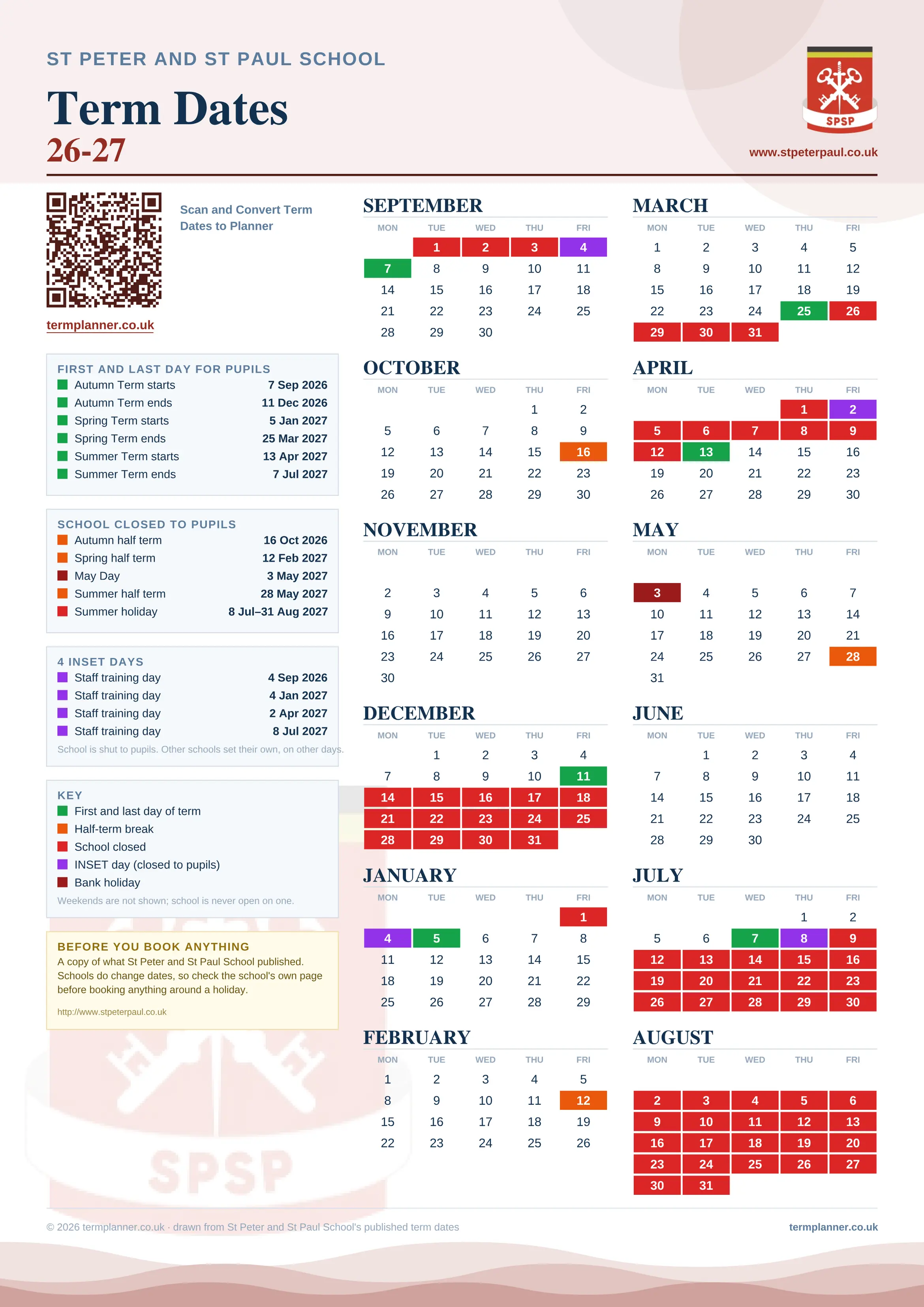 St Peter and St Paul School’s 2026/27 school year drawn as one sheet: twelve month grids from September to August, Monday to Friday, with autumn term 7 September to 11 December 2026, spring term 5 January to 25 March 2027, summer term 13 April to 7 July 2027. Half terms, holidays and bank holidays are filled in colour, the first and last day of each term is marked, 4 INSET days are picked out, and every date is listed again in words down the left.