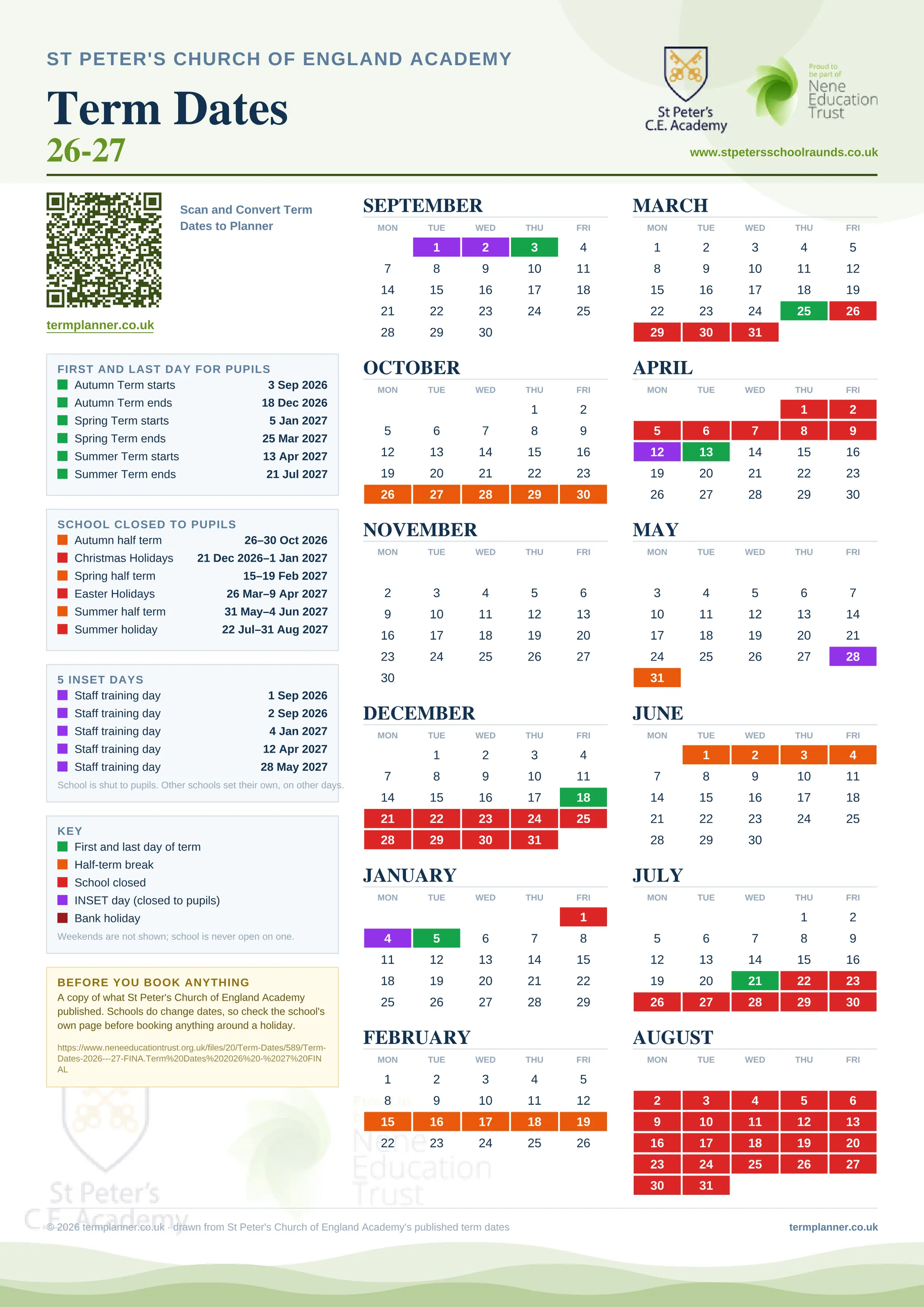 St Peter's Church of England Academy’s 2026/27 school year drawn as one sheet: twelve month grids from September to August, Monday to Friday, with autumn term 3 September to 18 December 2026, spring term 5 January to 25 March 2027, summer term 13 April to 21 July 2027. Half terms, holidays and bank holidays are filled in colour, the first and last day of each term is marked, 5 INSET days are picked out, and every date is listed again in words down the left.