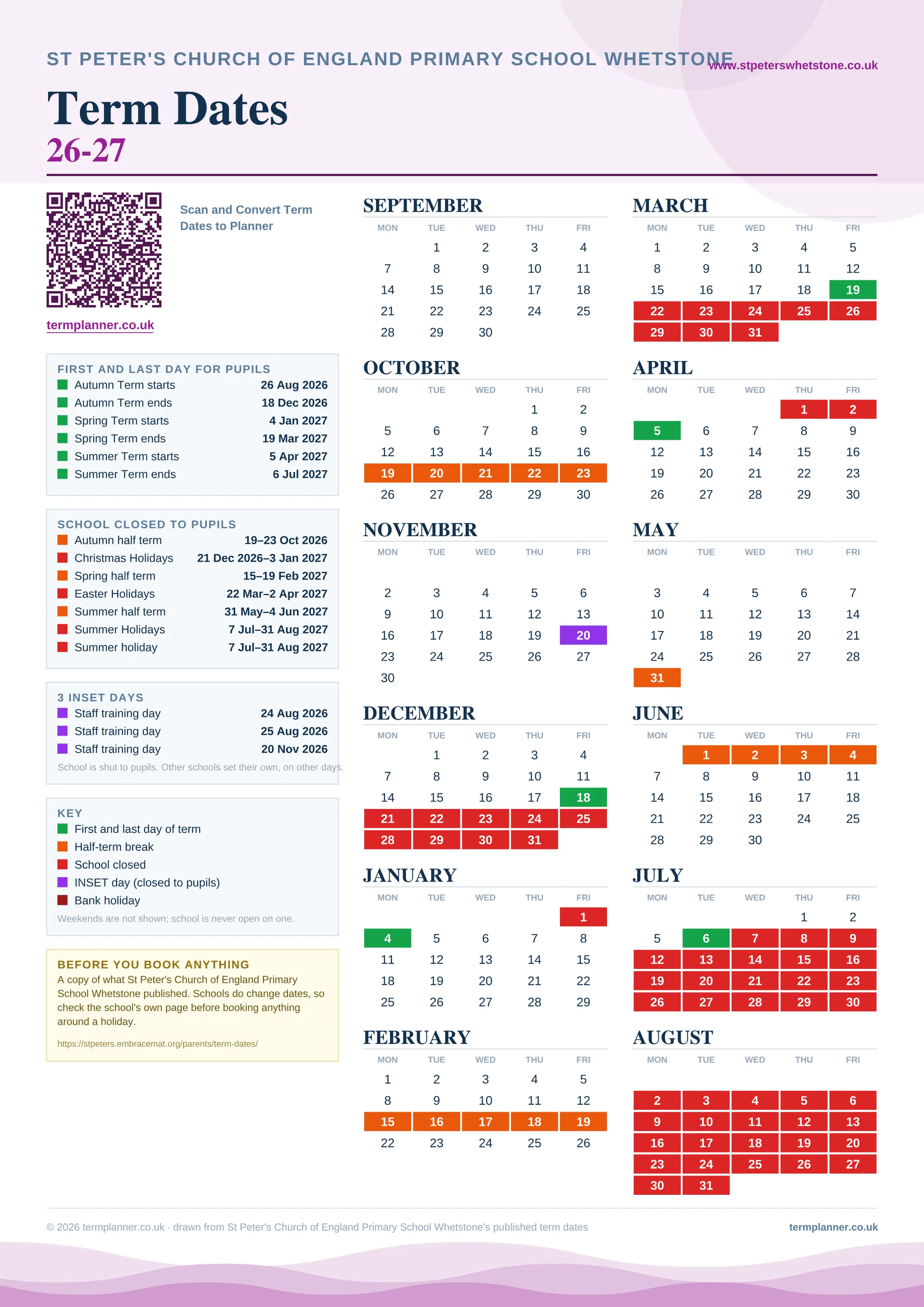 St Peter's Church of England Primary School Whetstone’s 2026/27 school year drawn as one sheet: twelve month grids from September to August, Monday to Friday, with autumn term 26 August to 18 December 2026, spring term 4 January to 19 March 2027, summer term 5 April to 6 July 2027. Half terms, holidays and bank holidays are filled in colour, the first and last day of each term is marked, 3 INSET days are picked out, and every date is listed again in words down the left.