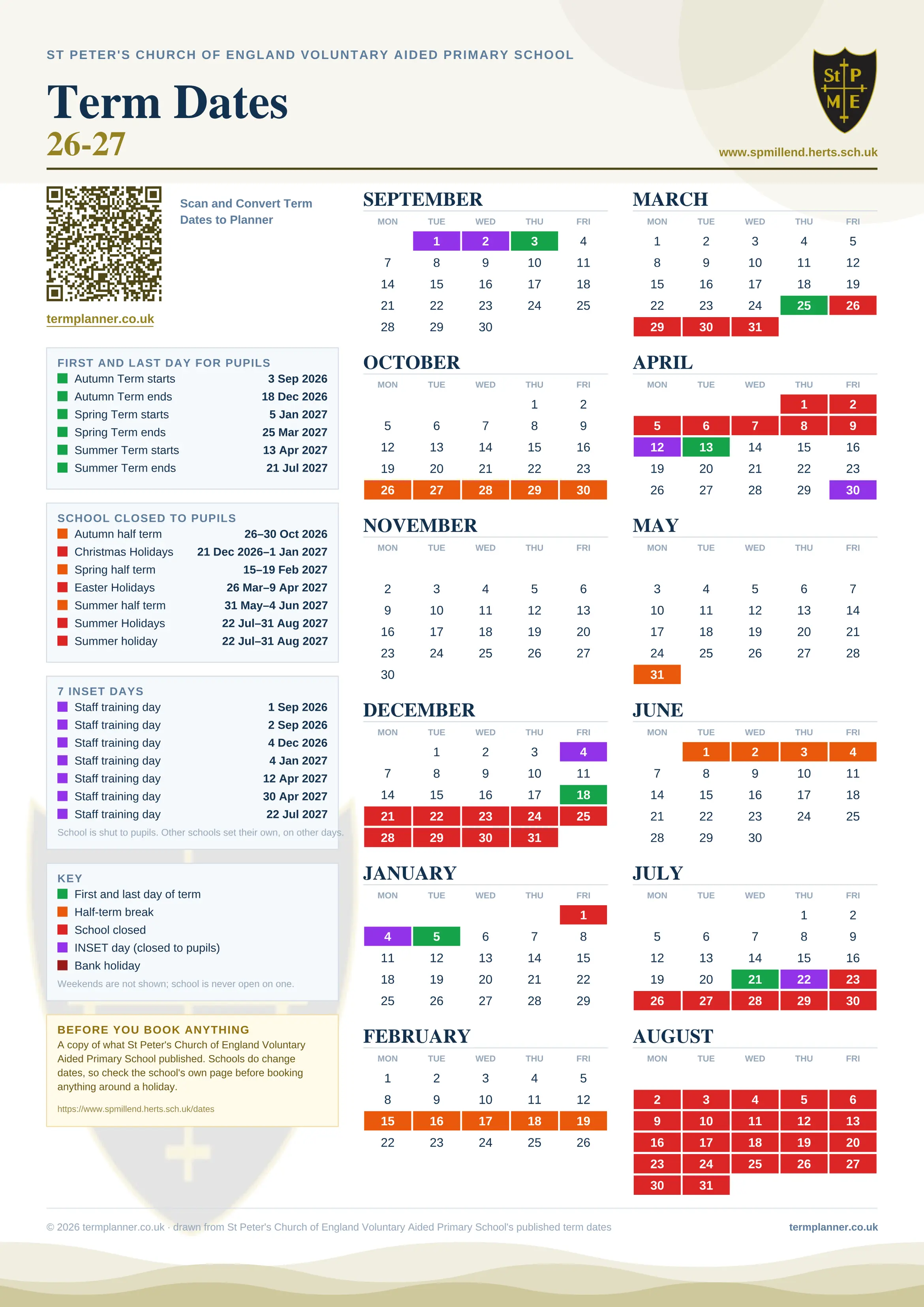 St Peter's Church of England Voluntary Aided Primary School’s 2026/27 school year drawn as one sheet: twelve month grids from September to August, Monday to Friday, with autumn term 3 September to 18 December 2026, spring term 5 January to 25 March 2027, summer term 13 April to 21 July 2027. Half terms, holidays and bank holidays are filled in colour, the first and last day of each term is marked, 7 INSET days are picked out, and every date is listed again in words down the left.
