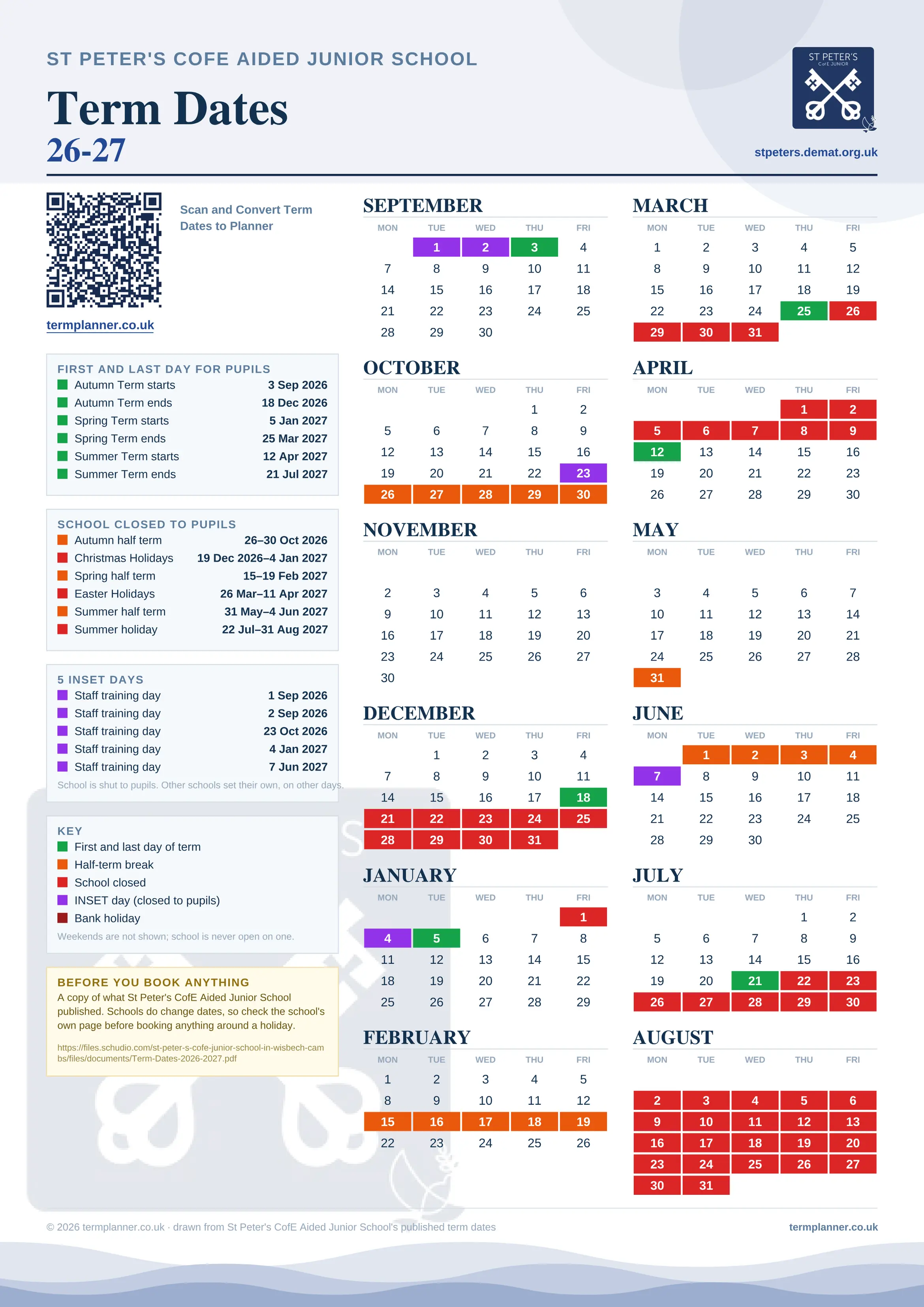 St Peter's CofE Aided Junior School’s 2026/27 school year drawn as one sheet: twelve month grids from September to August, Monday to Friday, with autumn term 3 September to 18 December 2026, spring term 5 January to 25 March 2027, summer term 12 April to 21 July 2027. Half terms, holidays and bank holidays are filled in colour, the first and last day of each term is marked, 5 INSET days are picked out, and every date is listed again in words down the left.
