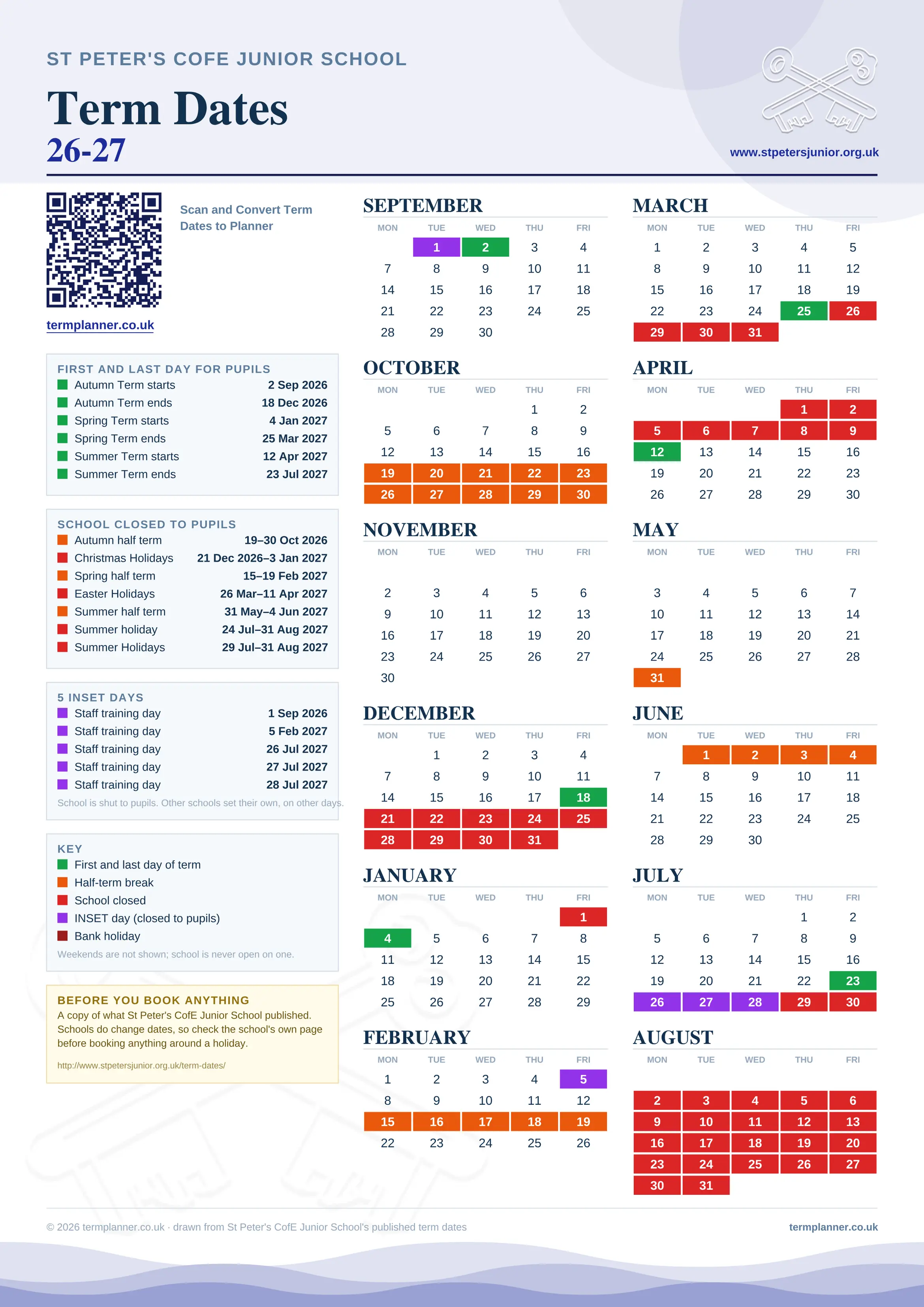 St Peter's CofE Junior School’s 2026/27 school year drawn as one sheet: twelve month grids from September to August, Monday to Friday, with autumn term 2 September to 18 December 2026, spring term 4 January to 25 March 2027, summer term 12 April to 23 July 2027. Half terms, holidays and bank holidays are filled in colour, the first and last day of each term is marked, 5 INSET days are picked out, and every date is listed again in words down the left.