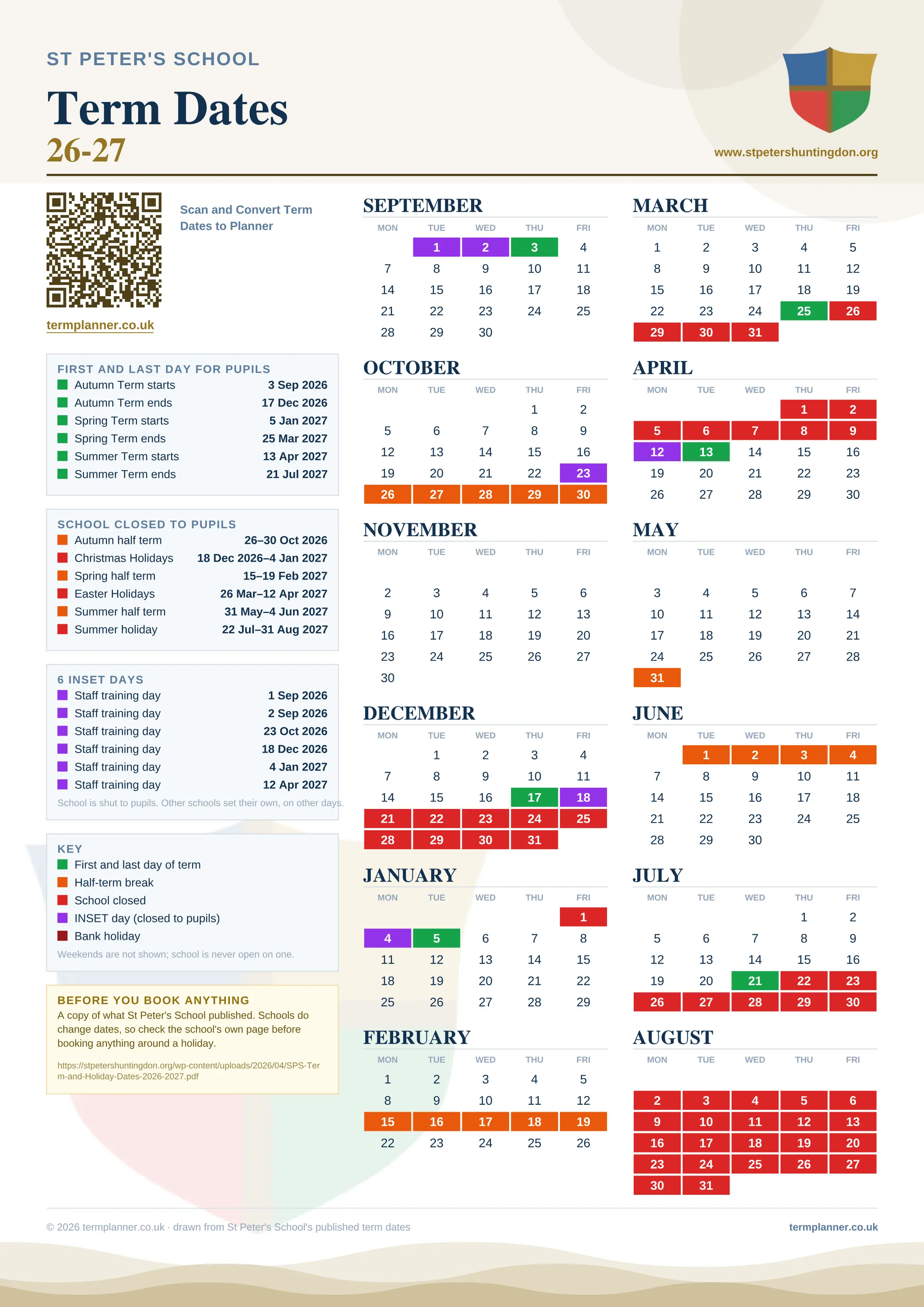 St Peter's School’s 2026/27 school year drawn as one sheet: twelve month grids from September to August, Monday to Friday, with autumn term 3 September to 17 December 2026, spring term 5 January to 25 March 2027, summer term 13 April to 21 July 2027. Half terms, holidays and bank holidays are filled in colour, the first and last day of each term is marked, 6 INSET days are picked out, and every date is listed again in words down the left.