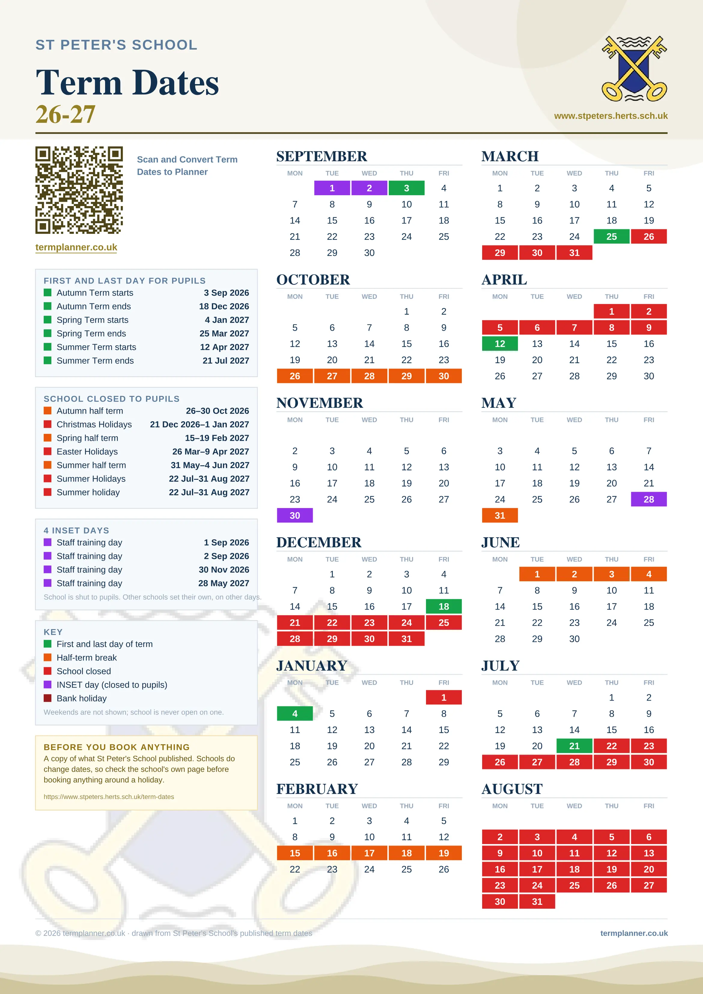 St Peter's School’s 2026/27 school year drawn as one sheet: twelve month grids from September to August, Monday to Friday, with autumn term 3 September to 18 December 2026, spring term 4 January to 25 March 2027, summer term 12 April to 21 July 2027. Half terms, holidays and bank holidays are filled in colour, the first and last day of each term is marked, 4 INSET days are picked out, and every date is listed again in words down the left.