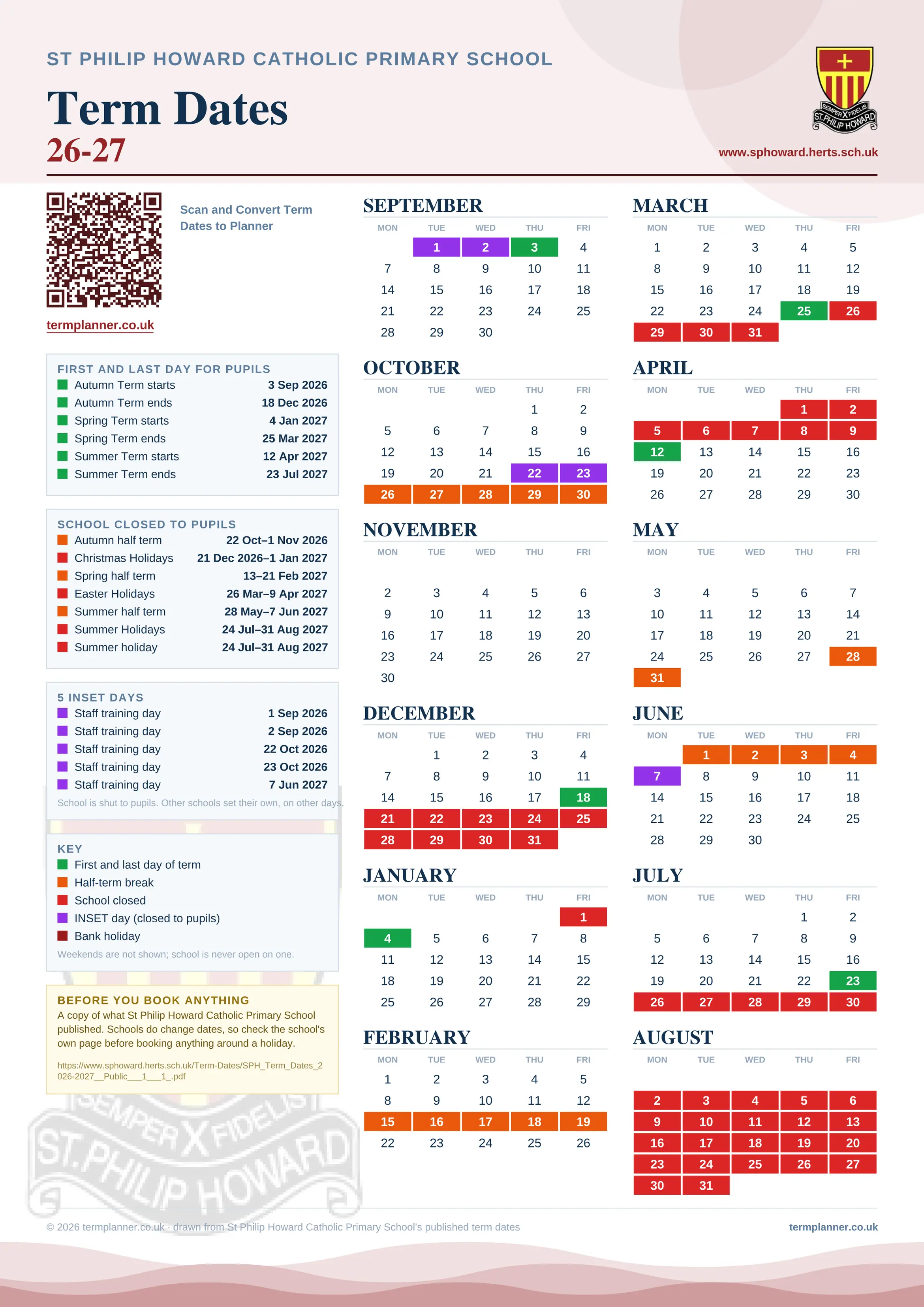 St Philip Howard Catholic Primary School’s 2026/27 school year drawn as one sheet: twelve month grids from September to August, Monday to Friday, with autumn term 3 September to 18 December 2026, spring term 4 January to 25 March 2027, summer term 12 April to 23 July 2027. Half terms, holidays and bank holidays are filled in colour, the first and last day of each term is marked, 5 INSET days are picked out, and every date is listed again in words down the left.