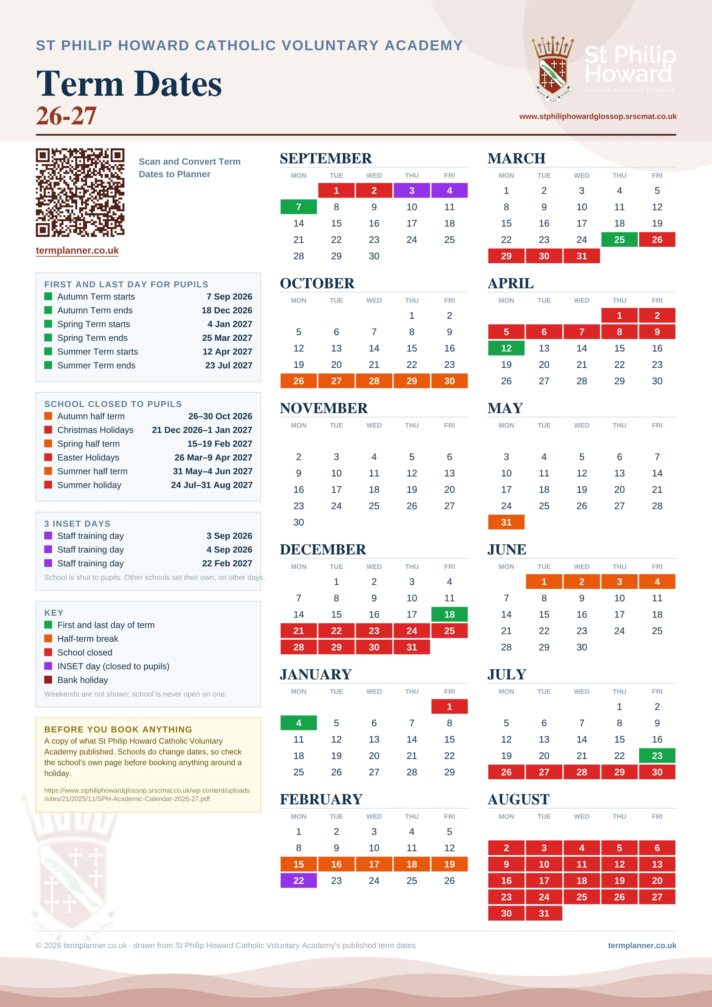 St Philip Howard Catholic Voluntary Academy’s 2026/27 school year drawn as one sheet: twelve month grids from September to August, Monday to Friday, with autumn term 7 September to 18 December 2026, spring term 4 January to 25 March 2027, summer term 12 April to 23 July 2027. Half terms, holidays and bank holidays are filled in colour, the first and last day of each term is marked, 3 INSET days are picked out, and every date is listed again in words down the left.
