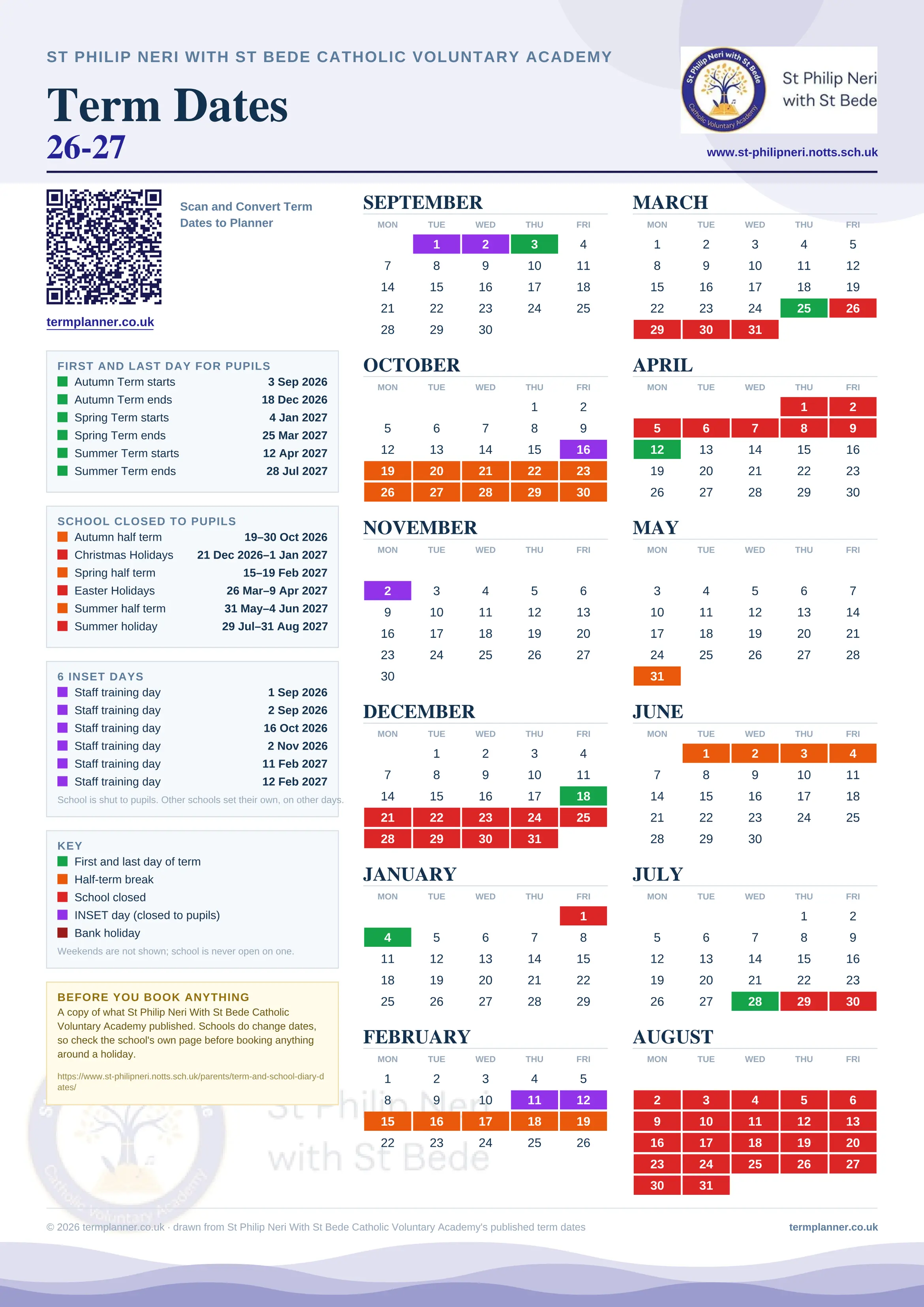 St Philip Neri With St Bede Catholic Voluntary Academy’s 2026/27 school year drawn as one sheet: twelve month grids from September to August, Monday to Friday, with autumn term 3 September to 18 December 2026, spring term 4 January to 25 March 2027, summer term 12 April to 28 July 2027. Half terms, holidays and bank holidays are filled in colour, the first and last day of each term is marked, 6 INSET days are picked out, and every date is listed again in words down the left.