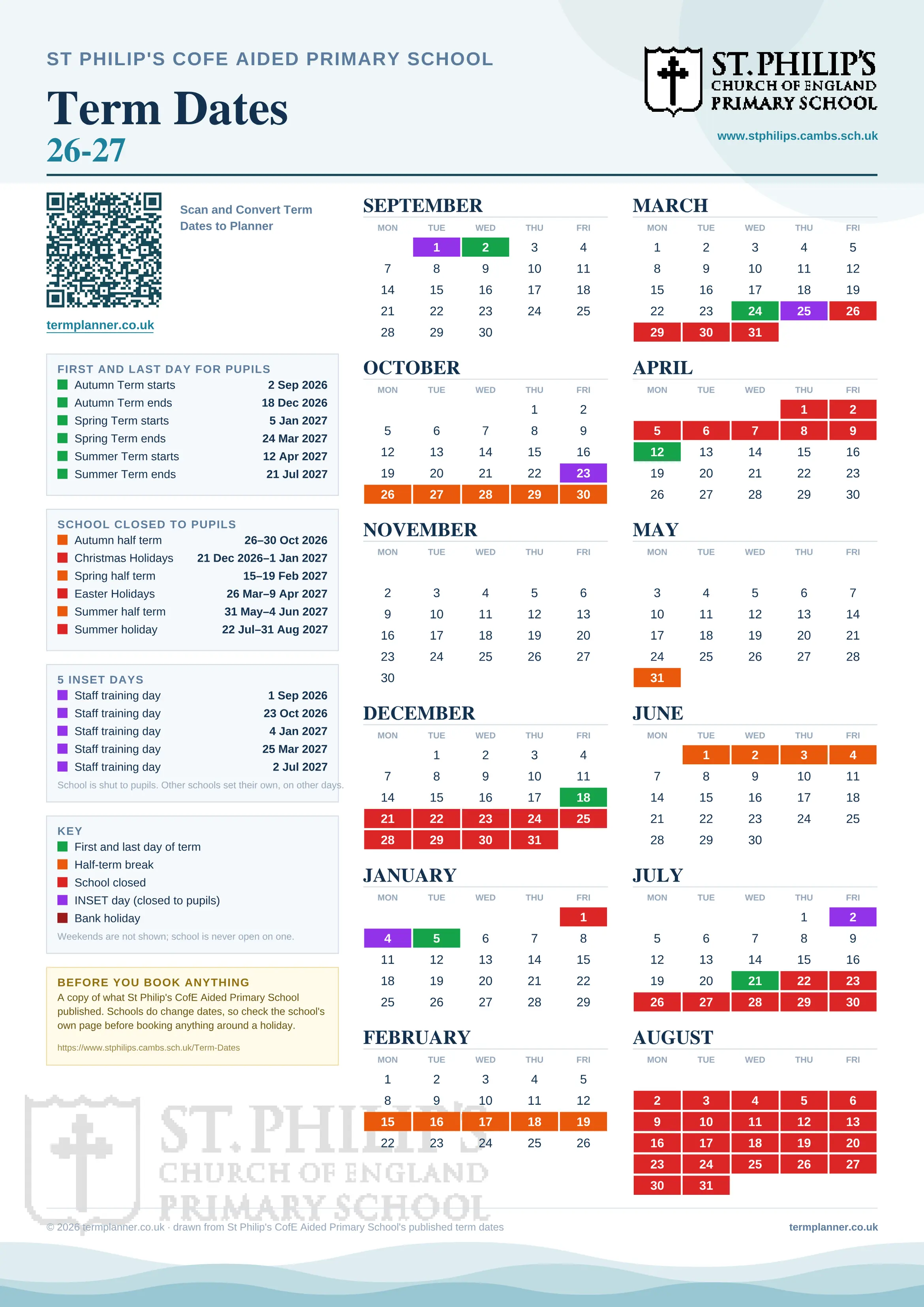 St Philip's CofE Aided Primary School’s 2026/27 school year drawn as one sheet: twelve month grids from September to August, Monday to Friday, with autumn term 2 September to 18 December 2026, spring term 5 January to 24 March 2027, summer term 12 April to 21 July 2027. Half terms, holidays and bank holidays are filled in colour, the first and last day of each term is marked, 5 INSET days are picked out, and every date is listed again in words down the left.