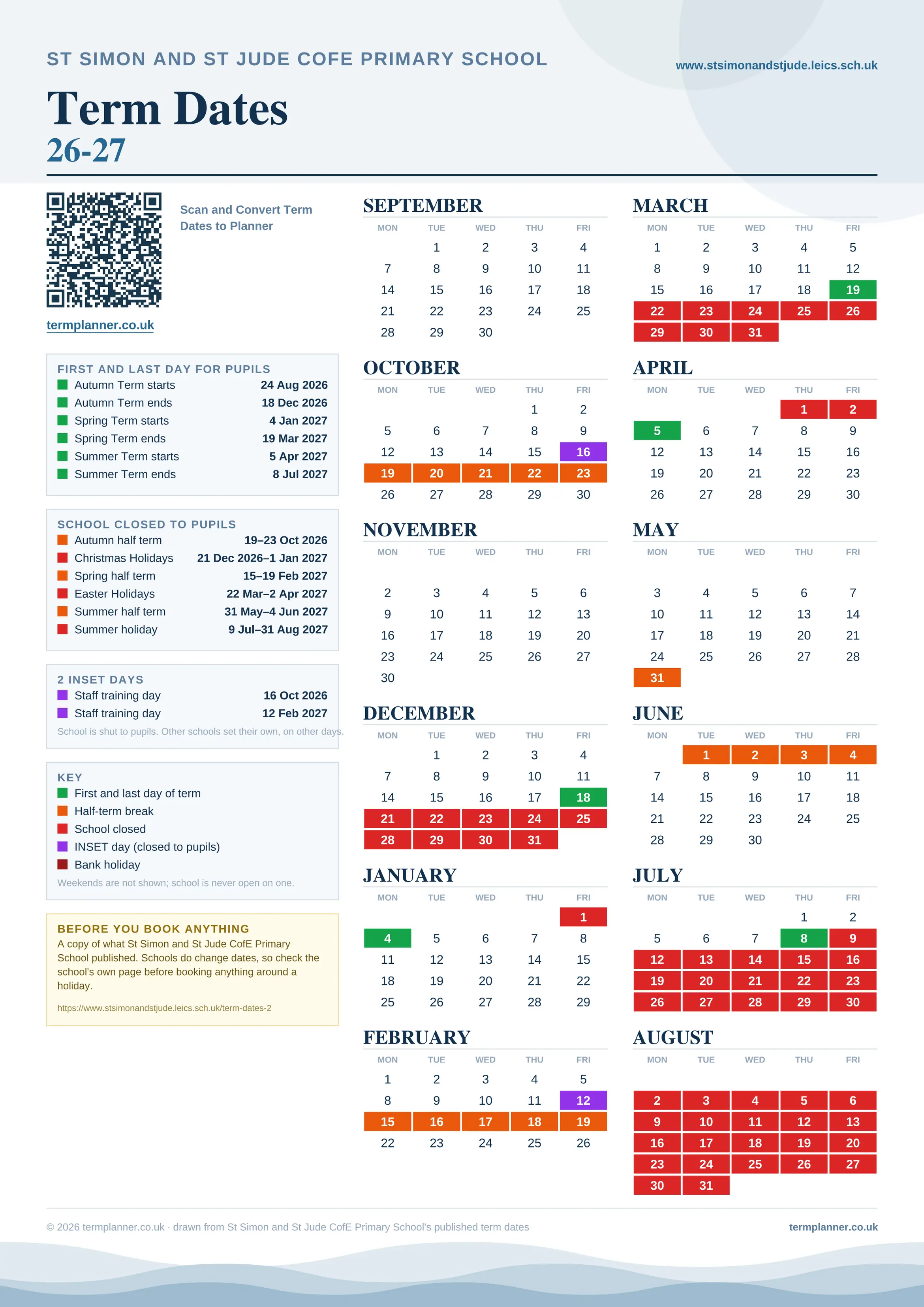 St Simon and St Jude CofE Primary School’s 2026/27 school year drawn as one sheet: twelve month grids from September to August, Monday to Friday, with autumn term 24 August to 18 December 2026, spring term 4 January to 19 March 2027, summer term 5 April to 8 July 2027. Half terms, holidays and bank holidays are filled in colour, the first and last day of each term is marked, 2 INSET days are picked out, and every date is listed again in words down the left.