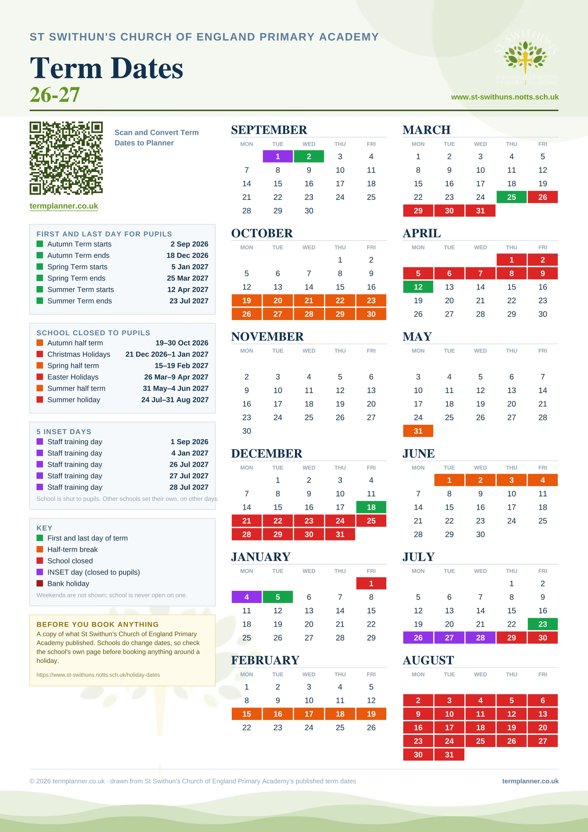 St Swithun's Church of England Primary Academy’s 2026/27 school year drawn as one sheet: twelve month grids from September to August, Monday to Friday, with autumn term 2 September to 18 December 2026, spring term 5 January to 25 March 2027, summer term 12 April to 23 July 2027. Half terms, holidays and bank holidays are filled in colour, the first and last day of each term is marked, 5 INSET days are picked out, and every date is listed again in words down the left.