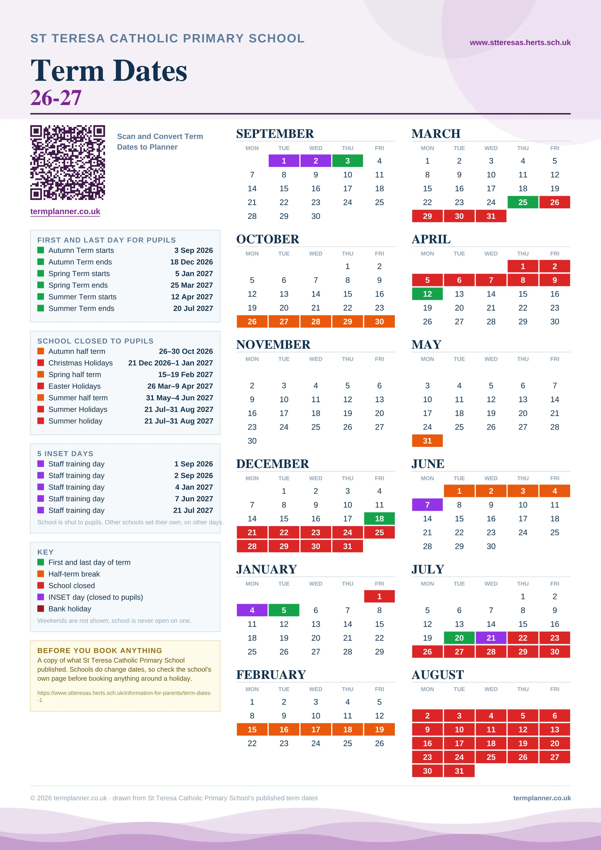 St Teresa Catholic Primary School’s 2026/27 school year drawn as one sheet: twelve month grids from September to August, Monday to Friday, with autumn term 3 September to 18 December 2026, spring term 5 January to 25 March 2027, summer term 12 April to 20 July 2027. Half terms, holidays and bank holidays are filled in colour, the first and last day of each term is marked, 5 INSET days are picked out, and every date is listed again in words down the left.