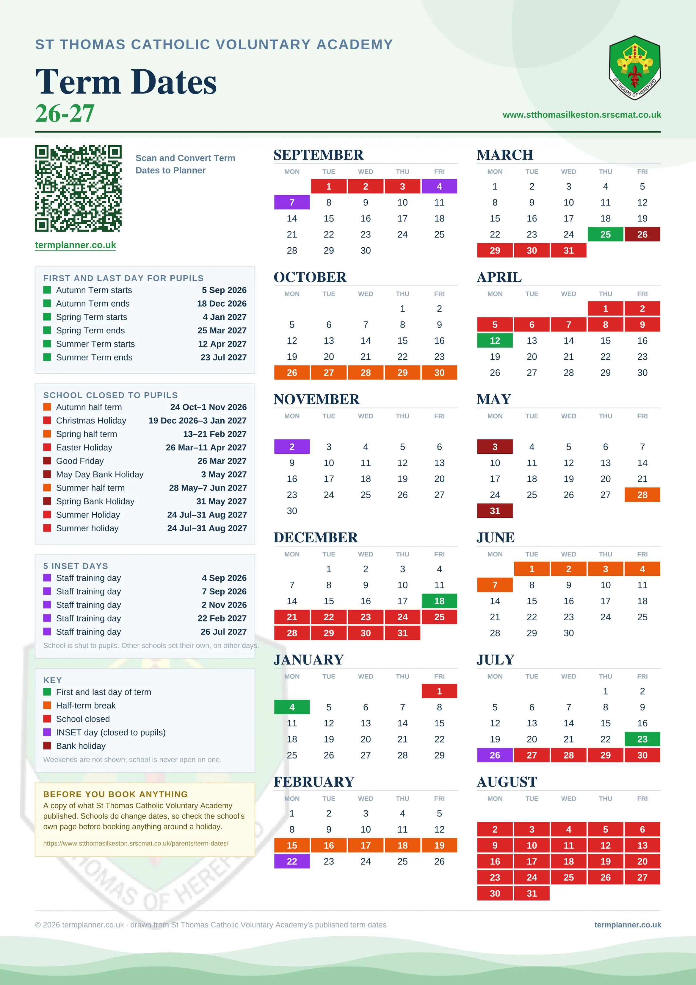 St Thomas Catholic Voluntary Academy’s 2026/27 school year drawn as one sheet: twelve month grids from September to August, Monday to Friday, with autumn term 5 September to 18 December 2026, spring term 4 January to 25 March 2027, summer term 12 April to 23 July 2027. Half terms, holidays and bank holidays are filled in colour, the first and last day of each term is marked, 5 INSET days are picked out, and every date is listed again in words down the left.