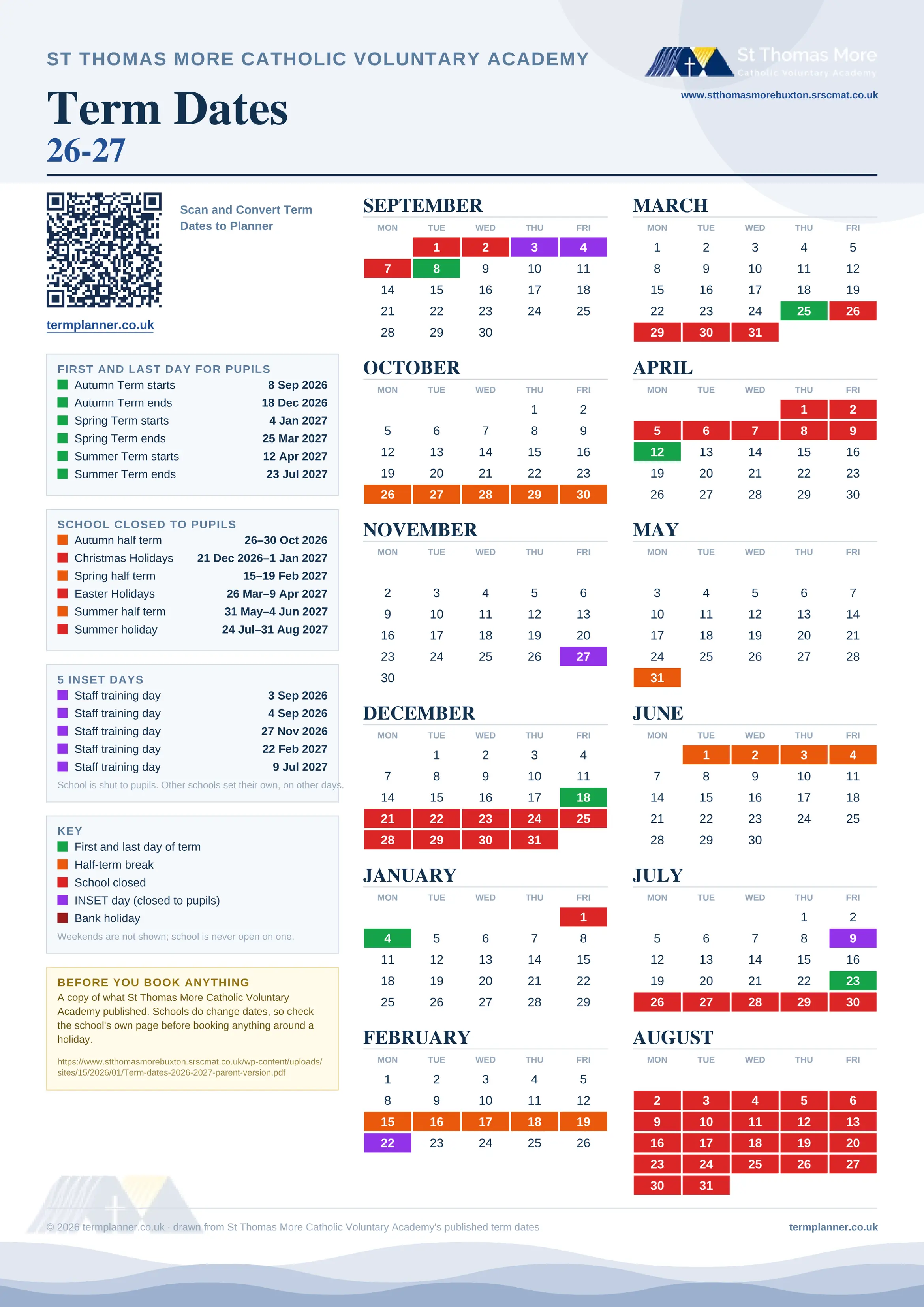 St Thomas More Catholic Voluntary Academy’s 2026/27 school year drawn as one sheet: twelve month grids from September to August, Monday to Friday, with autumn term 8 September to 18 December 2026, spring term 4 January to 25 March 2027, summer term 12 April to 23 July 2027. Half terms, holidays and bank holidays are filled in colour, the first and last day of each term is marked, 5 INSET days are picked out, and every date is listed again in words down the left.