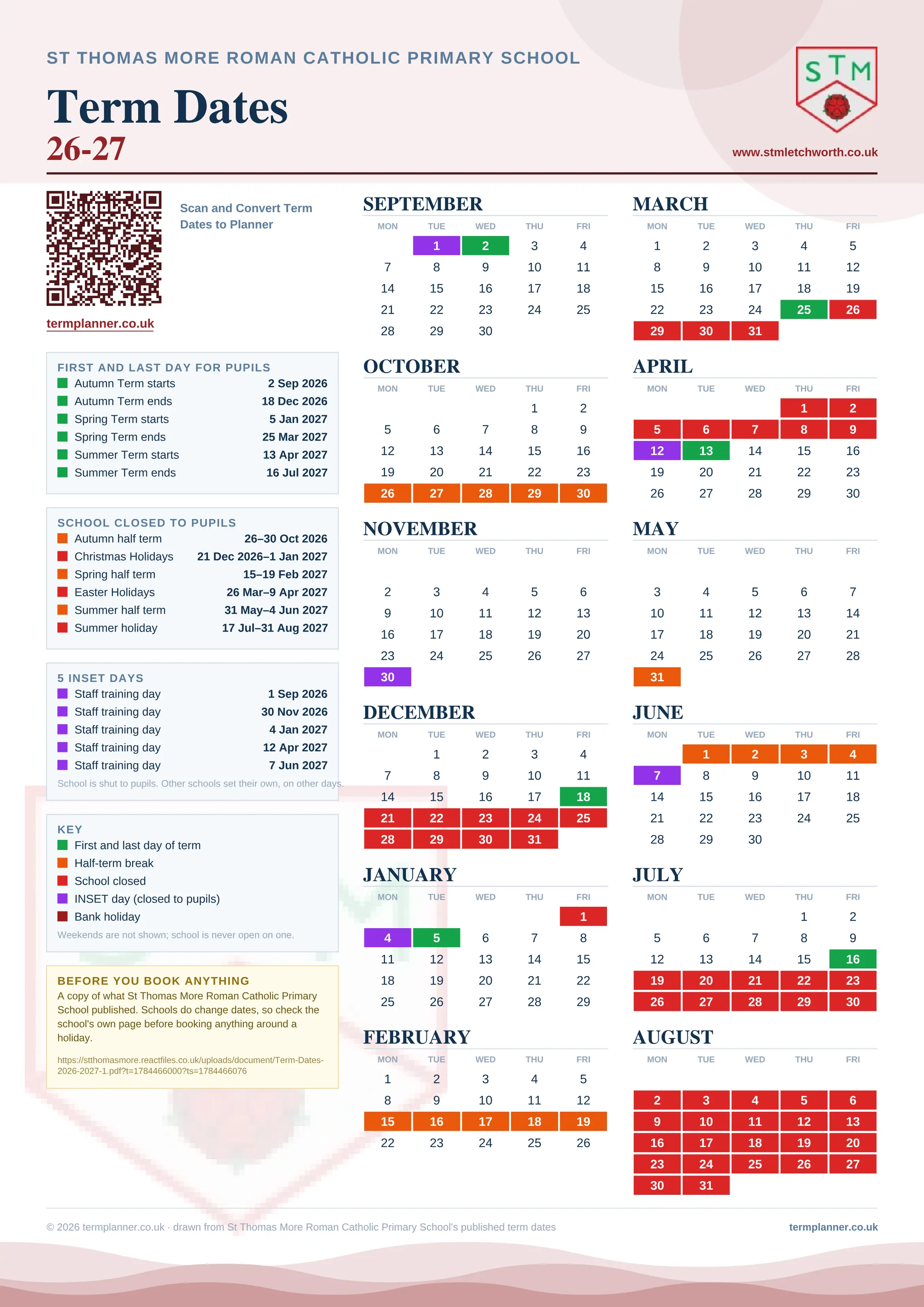 St Thomas More Roman Catholic Primary School’s 2026/27 school year drawn as one sheet: twelve month grids from September to August, Monday to Friday, with autumn term 2 September to 18 December 2026, spring term 5 January to 25 March 2027, summer term 13 April to 16 July 2027. Half terms, holidays and bank holidays are filled in colour, the first and last day of each term is marked, 5 INSET days are picked out, and every date is listed again in words down the left.