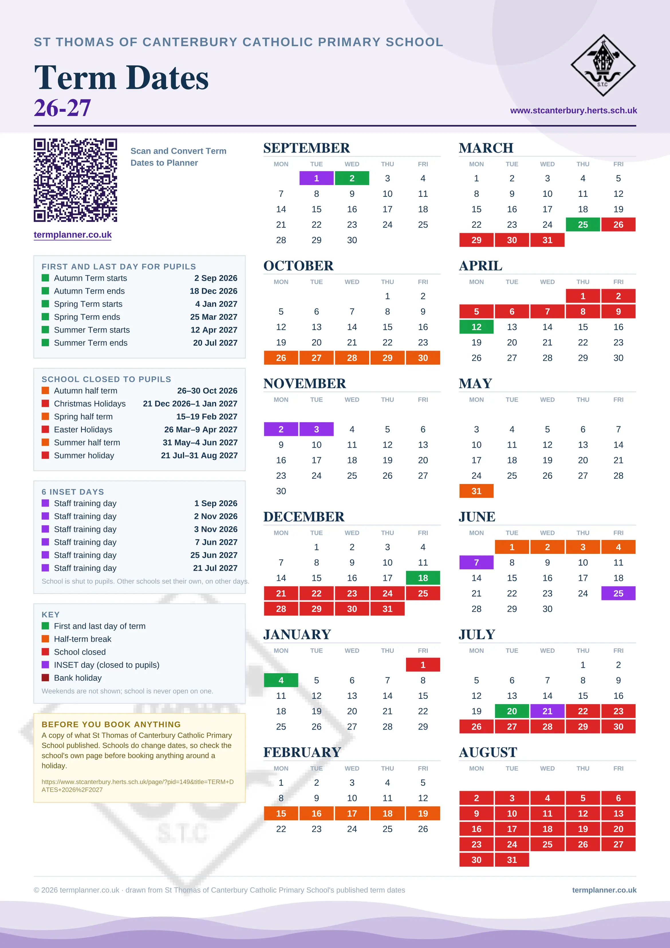 St Thomas of Canterbury Catholic Primary School’s 2026/27 school year drawn as one sheet: twelve month grids from September to August, Monday to Friday, with autumn term 2 September to 18 December 2026, spring term 4 January to 25 March 2027, summer term 12 April to 20 July 2027. Half terms, holidays and bank holidays are filled in colour, the first and last day of each term is marked, 6 INSET days are picked out, and every date is listed again in words down the left.