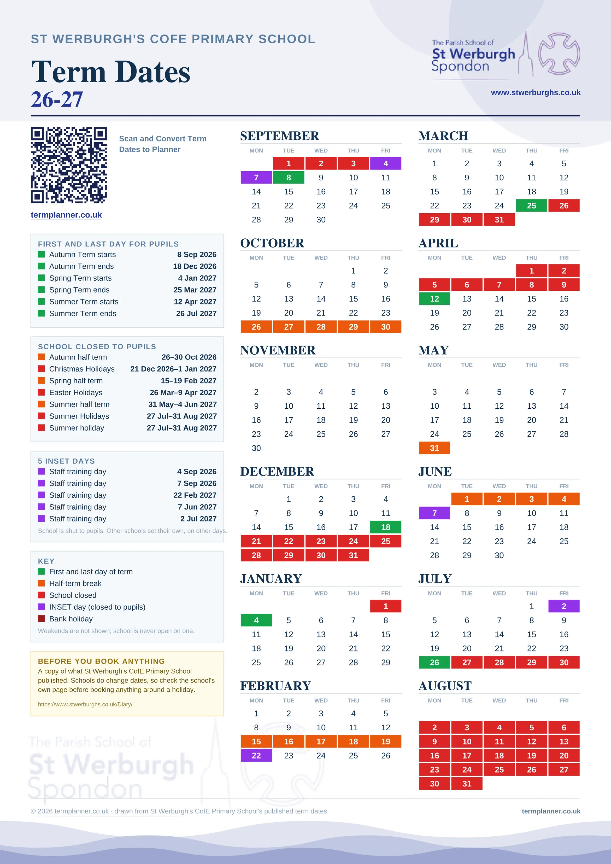 St Werburgh's CofE Primary School’s 2026/27 school year drawn as one sheet: twelve month grids from September to August, Monday to Friday, with autumn term 8 September to 18 December 2026, spring term 4 January to 25 March 2027, summer term 12 April to 26 July 2027. Half terms, holidays and bank holidays are filled in colour, the first and last day of each term is marked, 5 INSET days are picked out, and every date is listed again in words down the left.