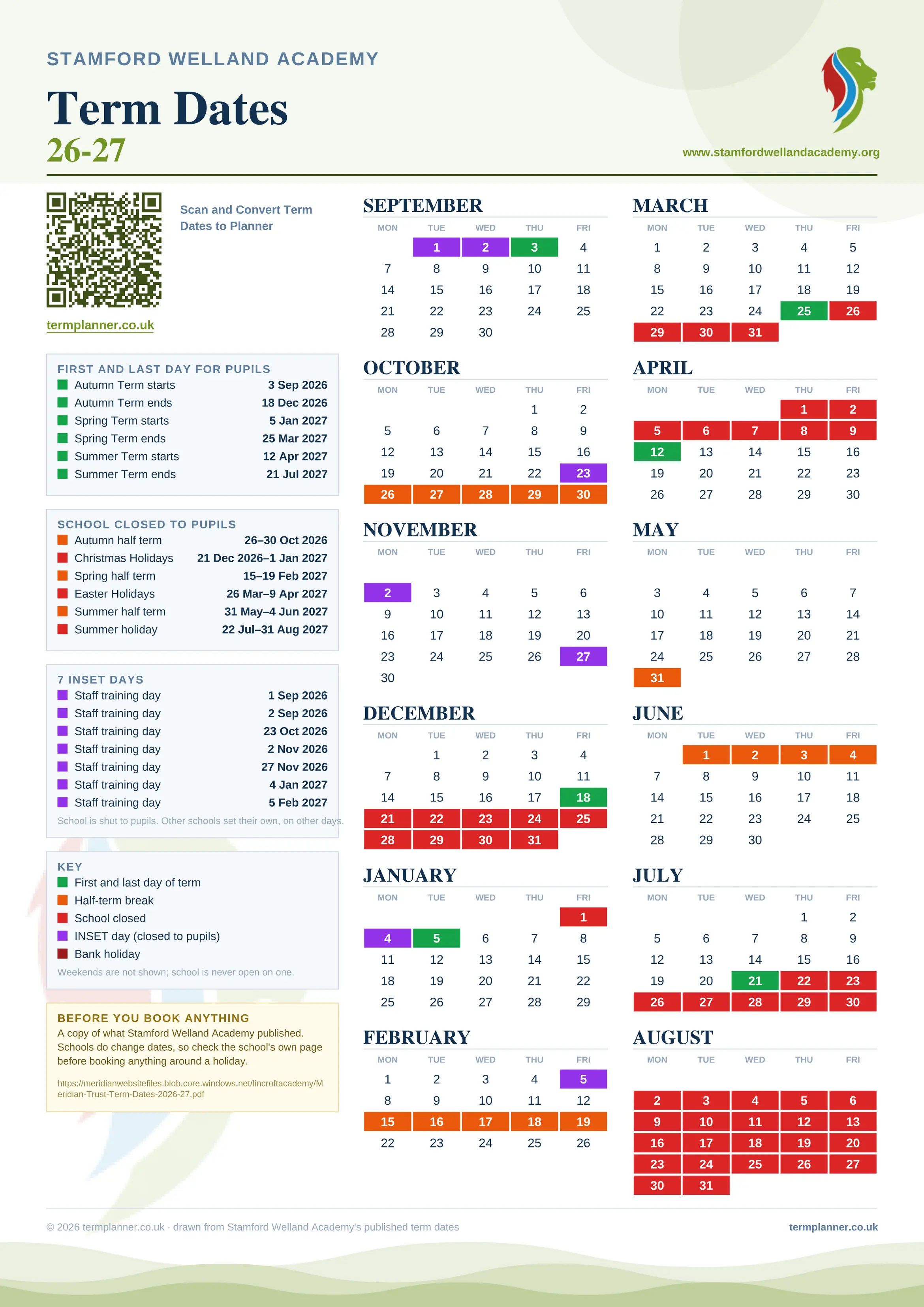 Stamford Welland Academy’s 2026/27 school year drawn as one sheet: twelve month grids from September to August, Monday to Friday, with autumn term 3 September to 18 December 2026, spring term 5 January to 25 March 2027, summer term 12 April to 21 July 2027. Half terms, holidays and bank holidays are filled in colour, the first and last day of each term is marked, 7 INSET days are picked out, and every date is listed again in words down the left.