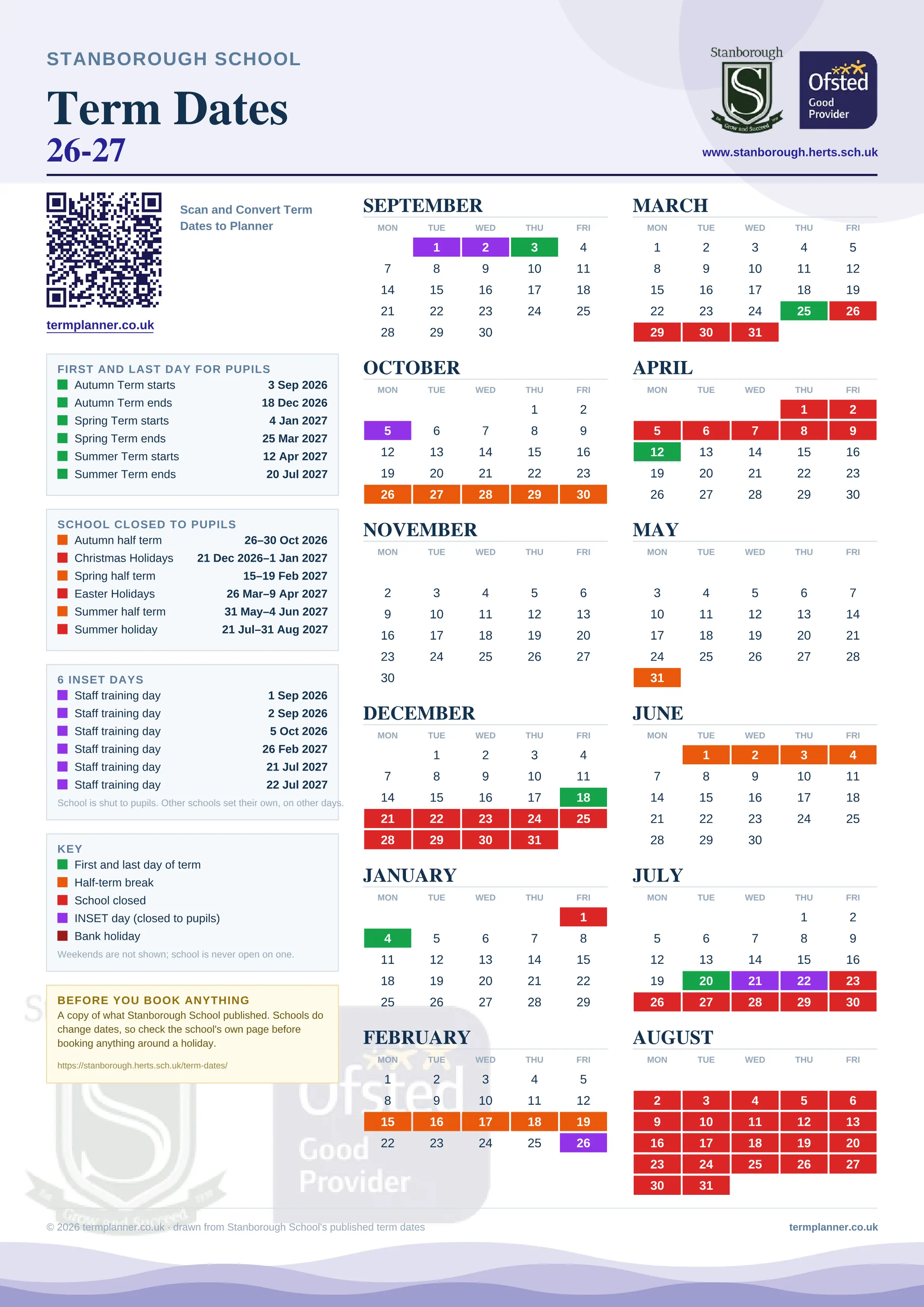 Stanborough School’s 2026/27 school year drawn as one sheet: twelve month grids from September to August, Monday to Friday, with autumn term 3 September to 18 December 2026, spring term 4 January to 25 March 2027, summer term 12 April to 20 July 2027. Half terms, holidays and bank holidays are filled in colour, the first and last day of each term is marked, 6 INSET days are picked out, and every date is listed again in words down the left.