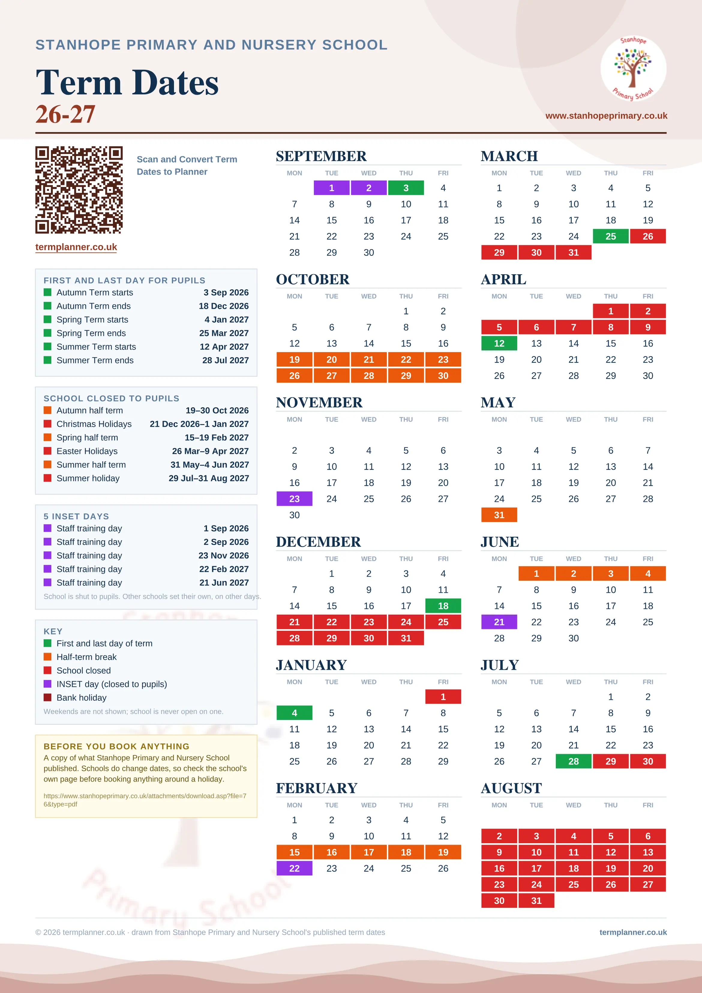 Stanhope Primary and Nursery School’s 2026/27 school year drawn as one sheet: twelve month grids from September to August, Monday to Friday, with autumn term 3 September to 18 December 2026, spring term 4 January to 25 March 2027, summer term 12 April to 28 July 2027. Half terms, holidays and bank holidays are filled in colour, the first and last day of each term is marked, 5 INSET days are picked out, and every date is listed again in words down the left.