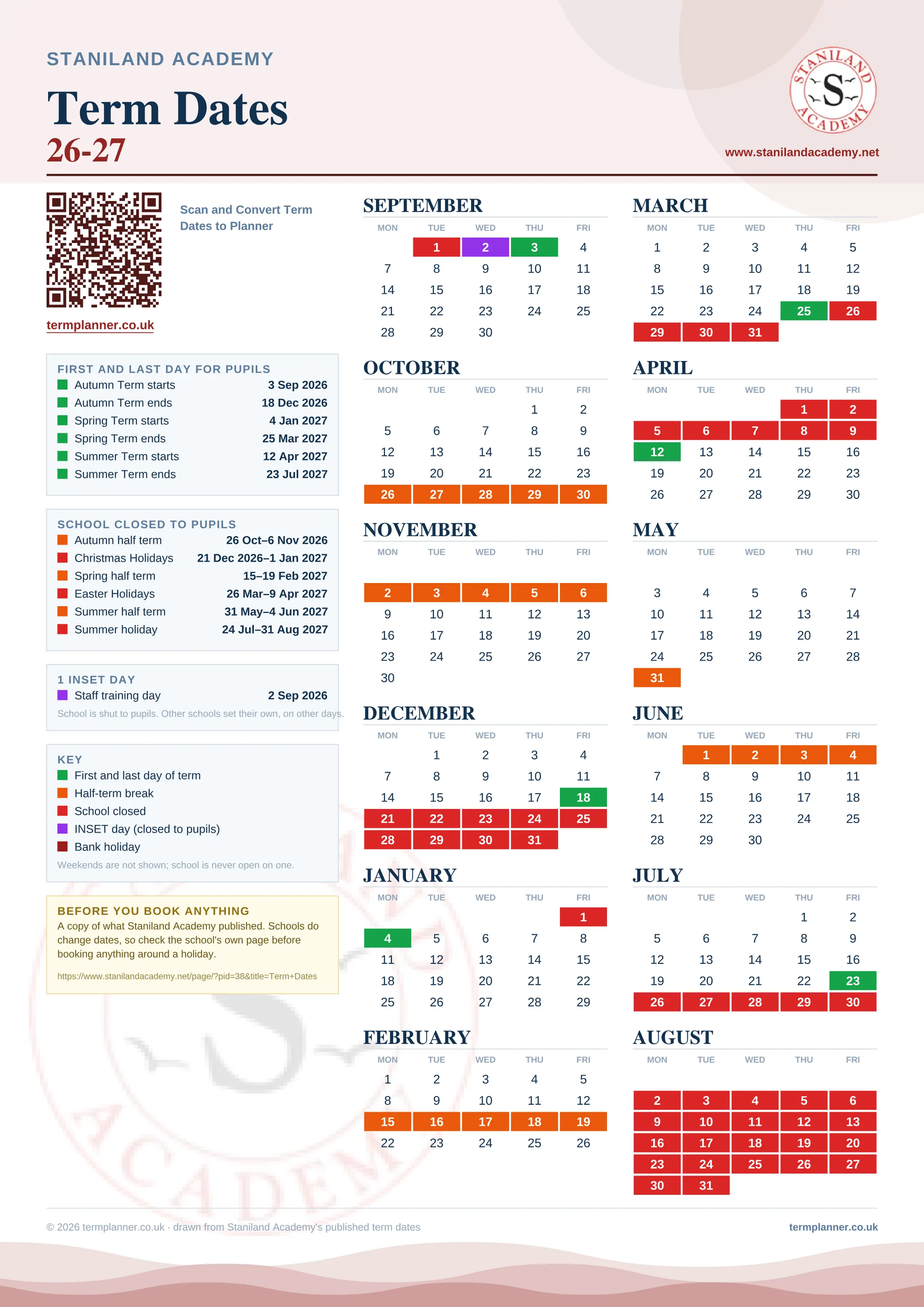 Staniland Academy’s 2026/27 school year drawn as one sheet: twelve month grids from September to August, Monday to Friday, with autumn term 3 September to 18 December 2026, spring term 4 January to 25 March 2027, summer term 12 April to 23 July 2027. Half terms, holidays and bank holidays are filled in colour, the first and last day of each term is marked, 1 INSET day is picked out, and every date is listed again in words down the left.