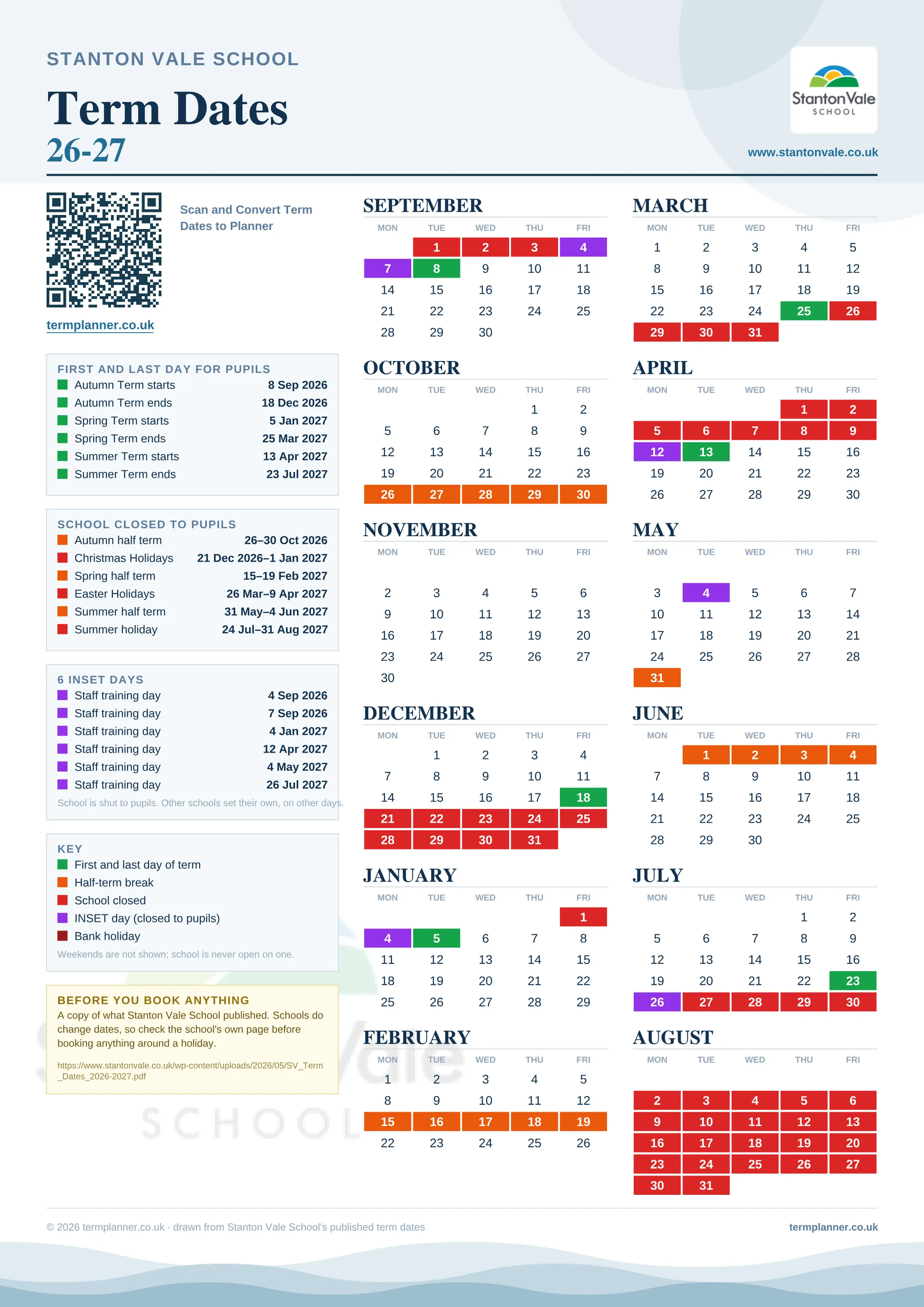 Stanton Vale School’s 2026/27 school year drawn as one sheet: twelve month grids from September to August, Monday to Friday, with autumn term 8 September to 18 December 2026, spring term 5 January to 25 March 2027, summer term 13 April to 23 July 2027. Half terms, holidays and bank holidays are filled in colour, the first and last day of each term is marked, 6 INSET days are picked out, and every date is listed again in words down the left.