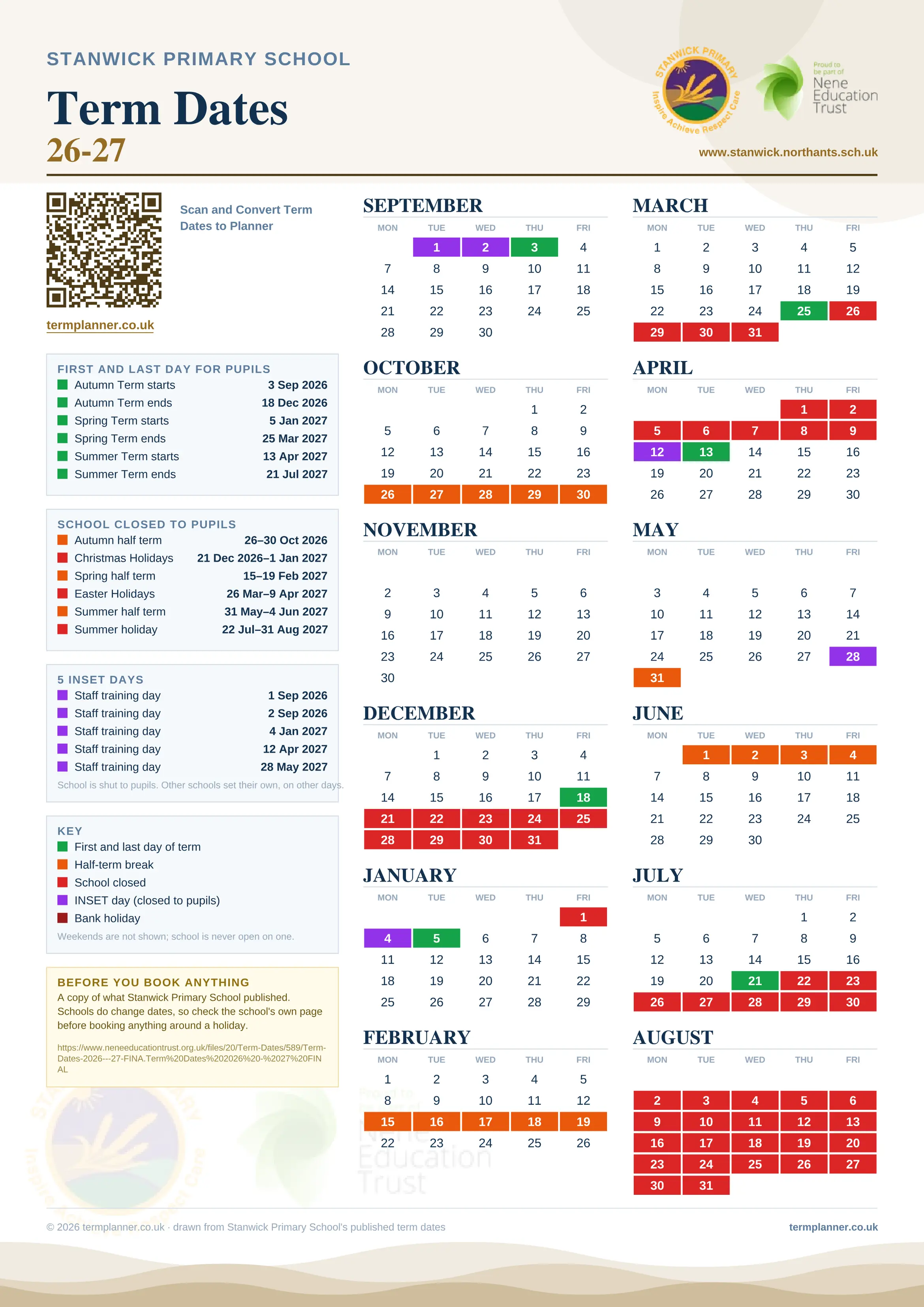Stanwick Primary School’s 2026/27 school year drawn as one sheet: twelve month grids from September to August, Monday to Friday, with autumn term 3 September to 18 December 2026, spring term 5 January to 25 March 2027, summer term 13 April to 21 July 2027. Half terms, holidays and bank holidays are filled in colour, the first and last day of each term is marked, 5 INSET days are picked out, and every date is listed again in words down the left.