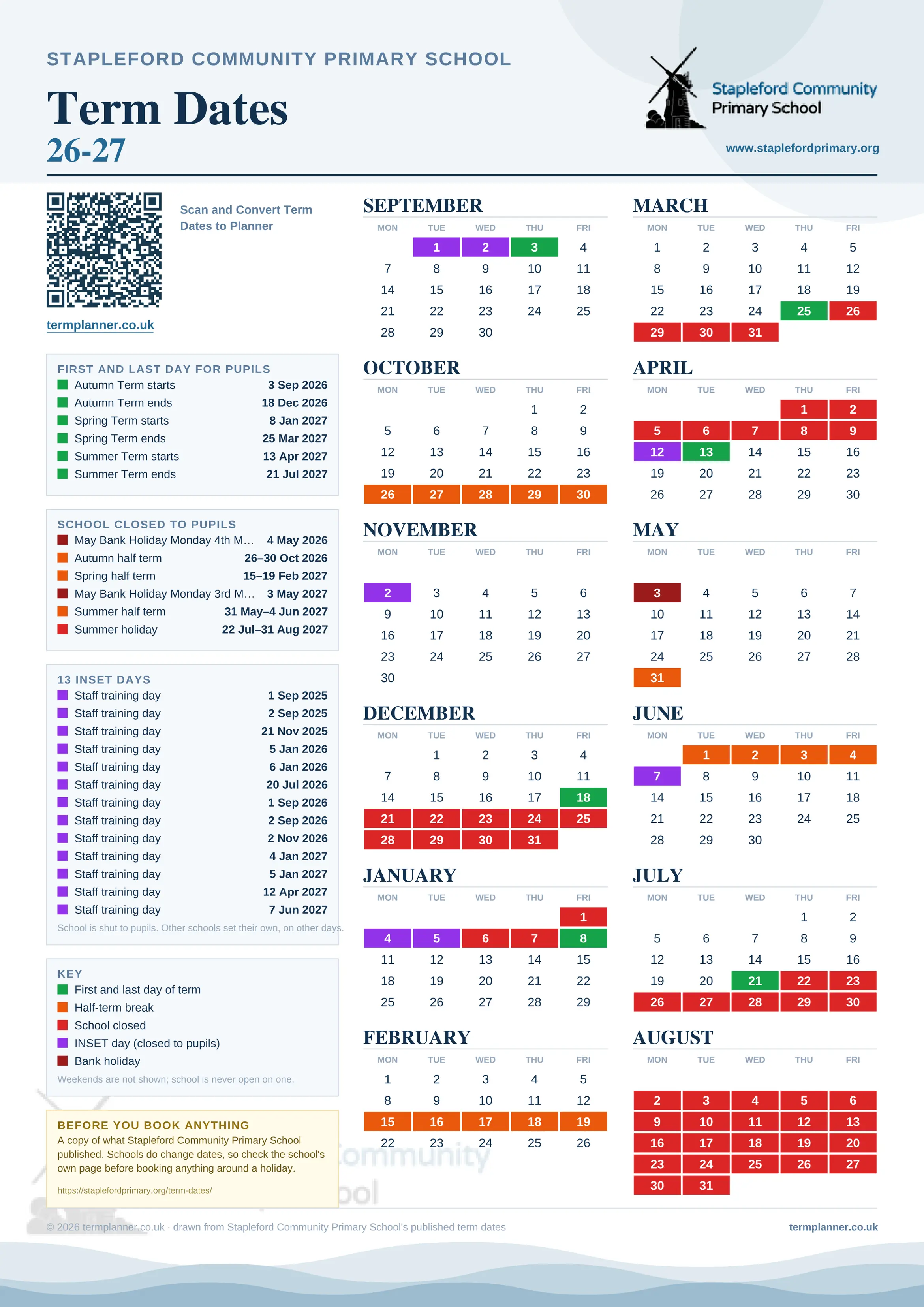 Stapleford Community Primary School’s 2026/27 school year drawn as one sheet: twelve month grids from September to August, Monday to Friday, with autumn term 3 September to 18 December 2026, spring term 8 January to 25 March 2027, summer term 13 April to 21 July 2027. Half terms, holidays and bank holidays are filled in colour, the first and last day of each term is marked, 13 INSET days are picked out, and every date is listed again in words down the left.