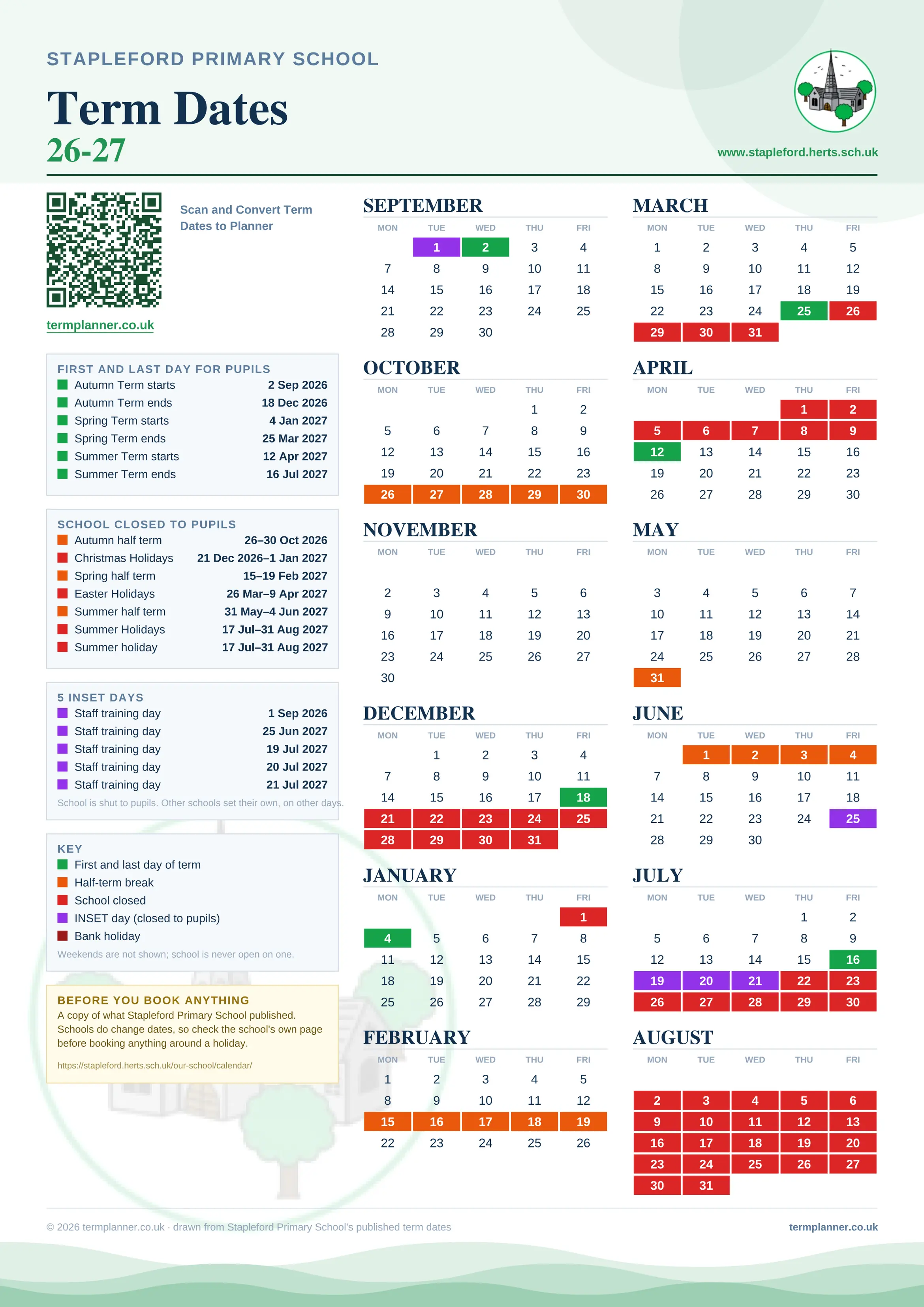 Stapleford Primary School’s 2026/27 school year drawn as one sheet: twelve month grids from September to August, Monday to Friday, with autumn term 2 September to 18 December 2026, spring term 4 January to 25 March 2027, summer term 12 April to 16 July 2027. Half terms, holidays and bank holidays are filled in colour, the first and last day of each term is marked, 5 INSET days are picked out, and every date is listed again in words down the left.